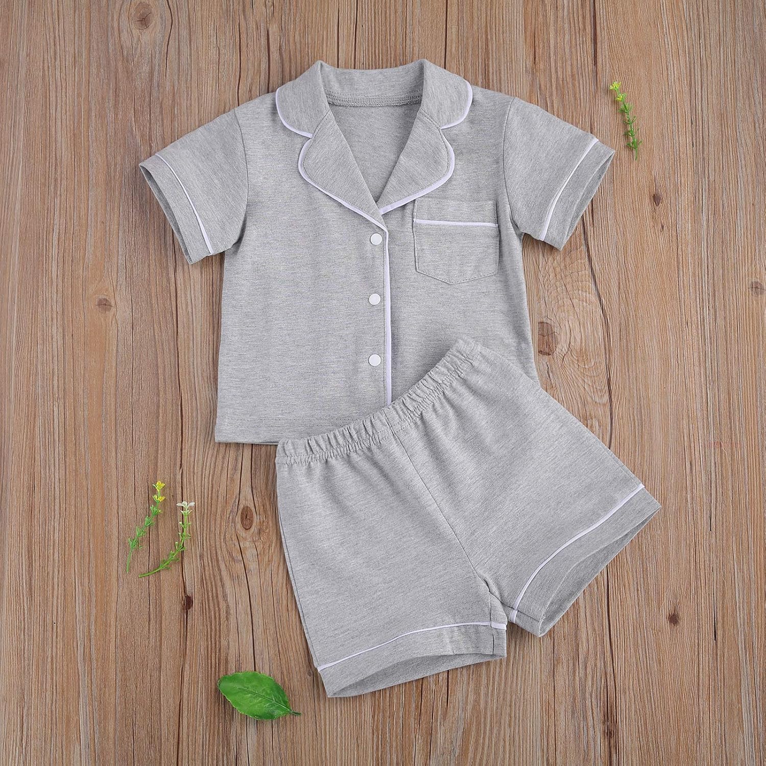 BULINGNA Kids Toddler Baby Girl Boy Summer Two Piece Pajamas Set Button Down Top with Shorts - Image 3