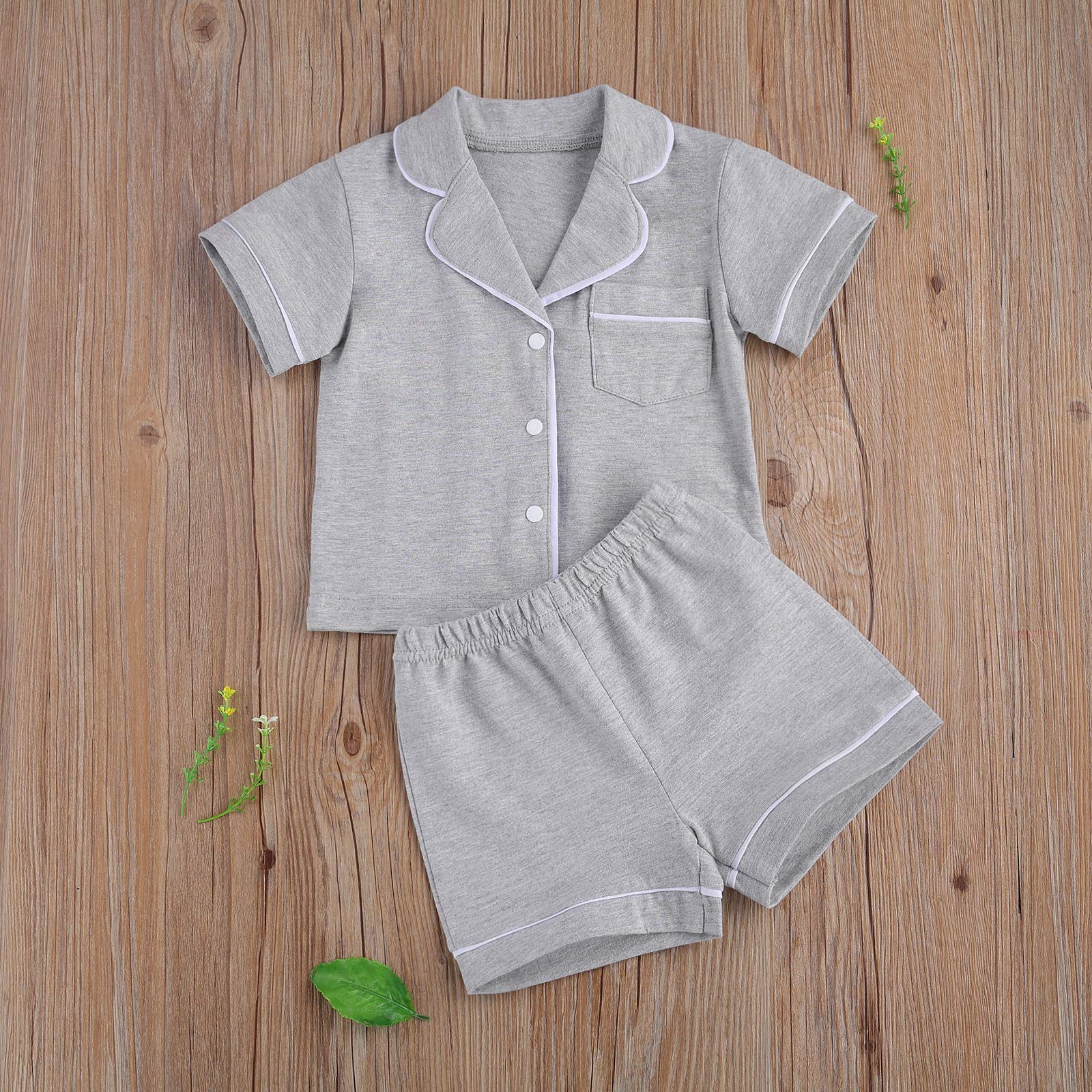 BULINGNA Kids Toddler Baby Girl Summer Two Piece Pajamas Set Short Sleeve Button Down Top with Shorts Gray