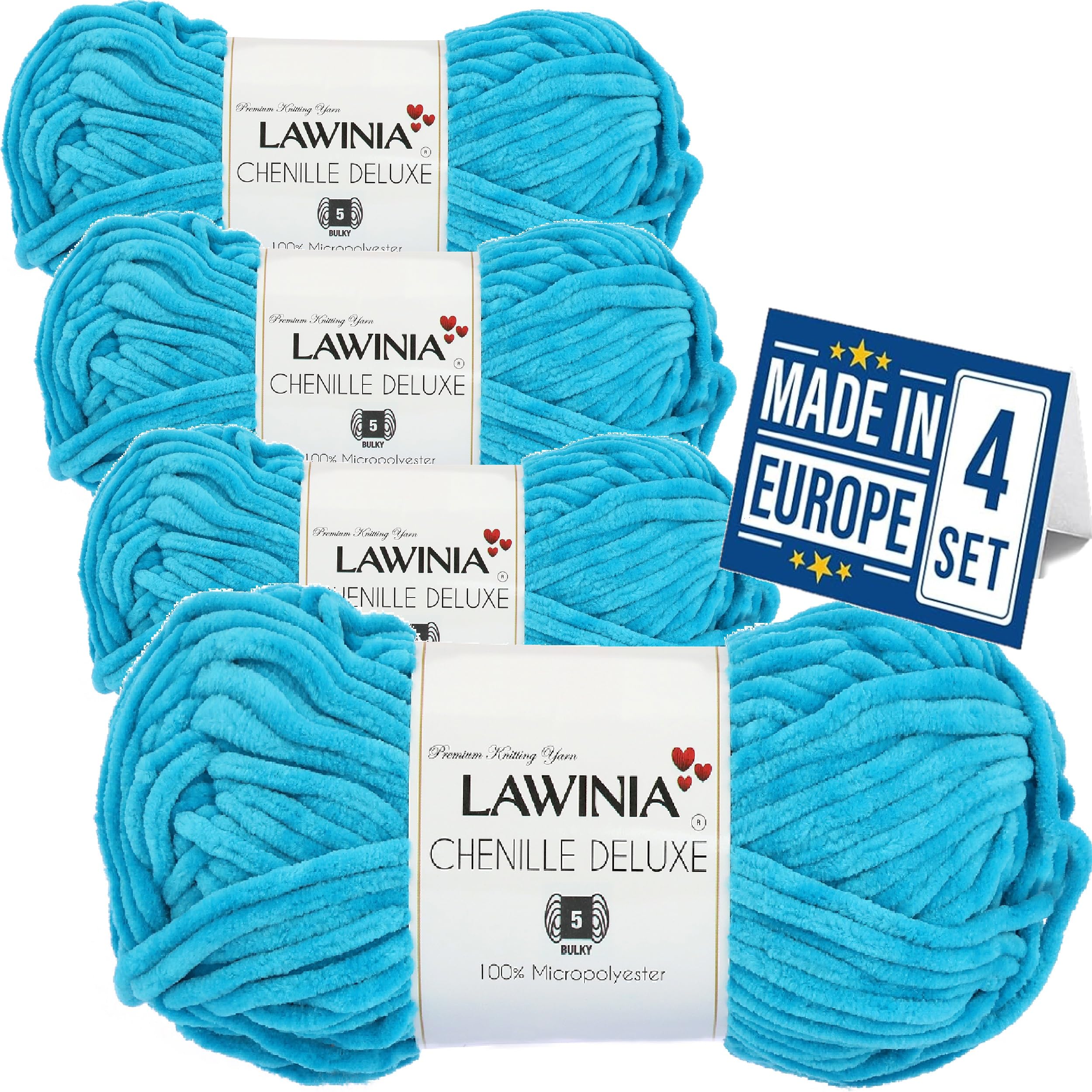 LAWINIA - Chenille Deluxe Soft Chunky Yarn, Chenille Yarn Set of 4, Each 120m Oeko-TEX Certified Velvet Yarn, Plush Yarn for Crochet, Thick Wool for Knitting, Chenille Wool, Fluffy Wool for Knitting