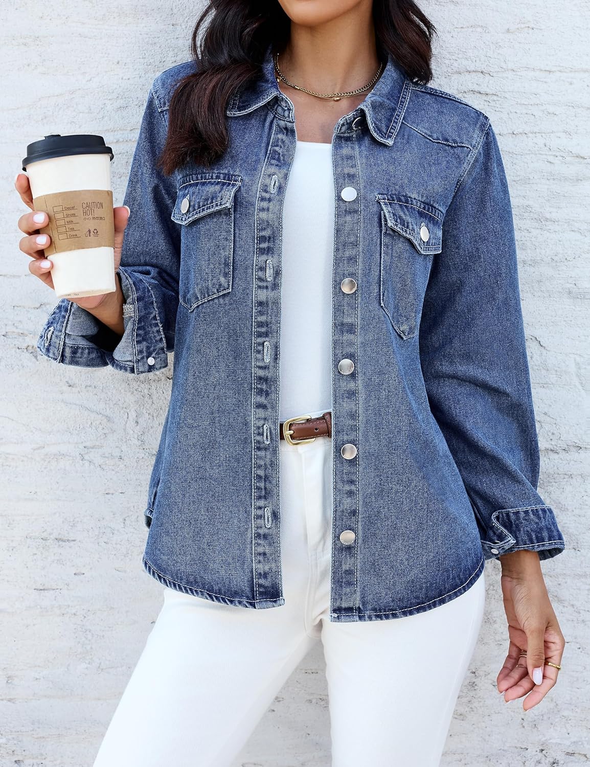 luvamia Denim Jackets for Women Trendy Long Sleeve Distressed Jean Button Down Shirts Jacket Shacket Trucker Jacket - Image 4