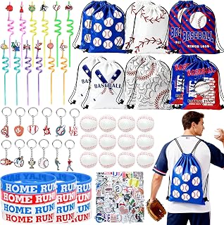 110 Pcs Baseball Party Favors Baseball Goodie Bags Including 12 Baseball Drawstring Bags Stress-relieving Baseball Straws Keychains Silicone Wristband and Stickers for Baseball Party Gift.