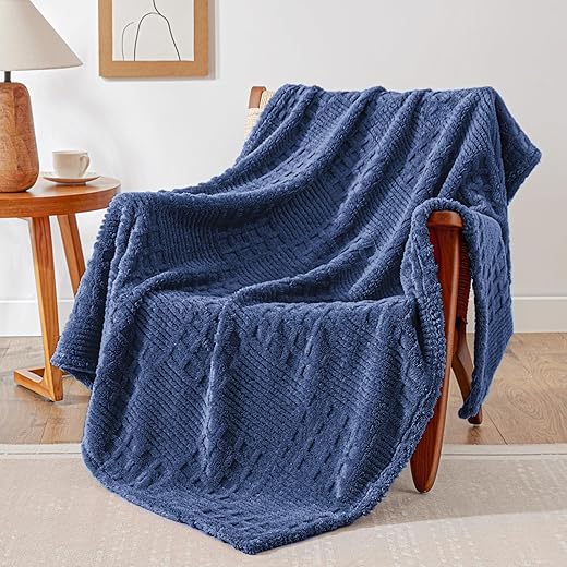 EXQ Home Fleece Throw Blanket for Couch or Bed - 3D Waffle Patchwork Pattern Jacquard Decorative Blankets - Cozy Soft Lightweight Fuzzy Flannel Blanket Suitable for All Seasons(50"×60",Dark Blue)
