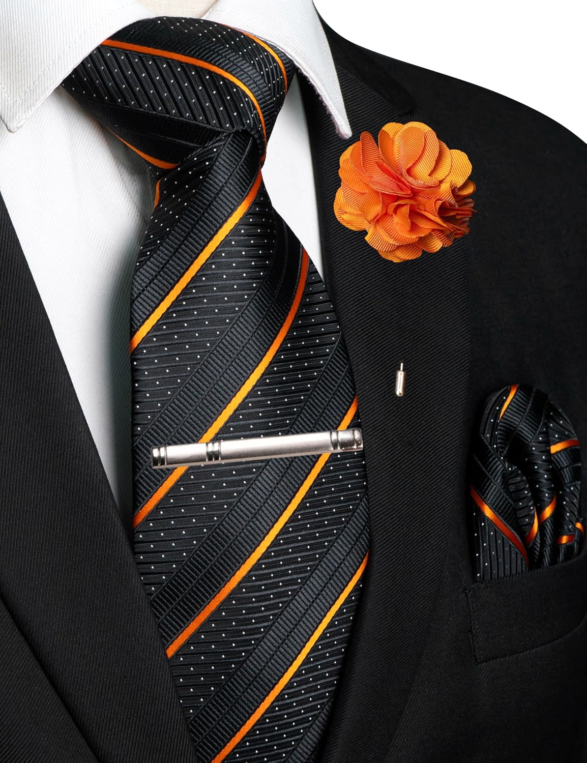 JEMYGINS Mens Striped Tie and Lapel Pin Necktie Pocket Square with Tie Clip Sets for Business Casual 4PCS - Image 2