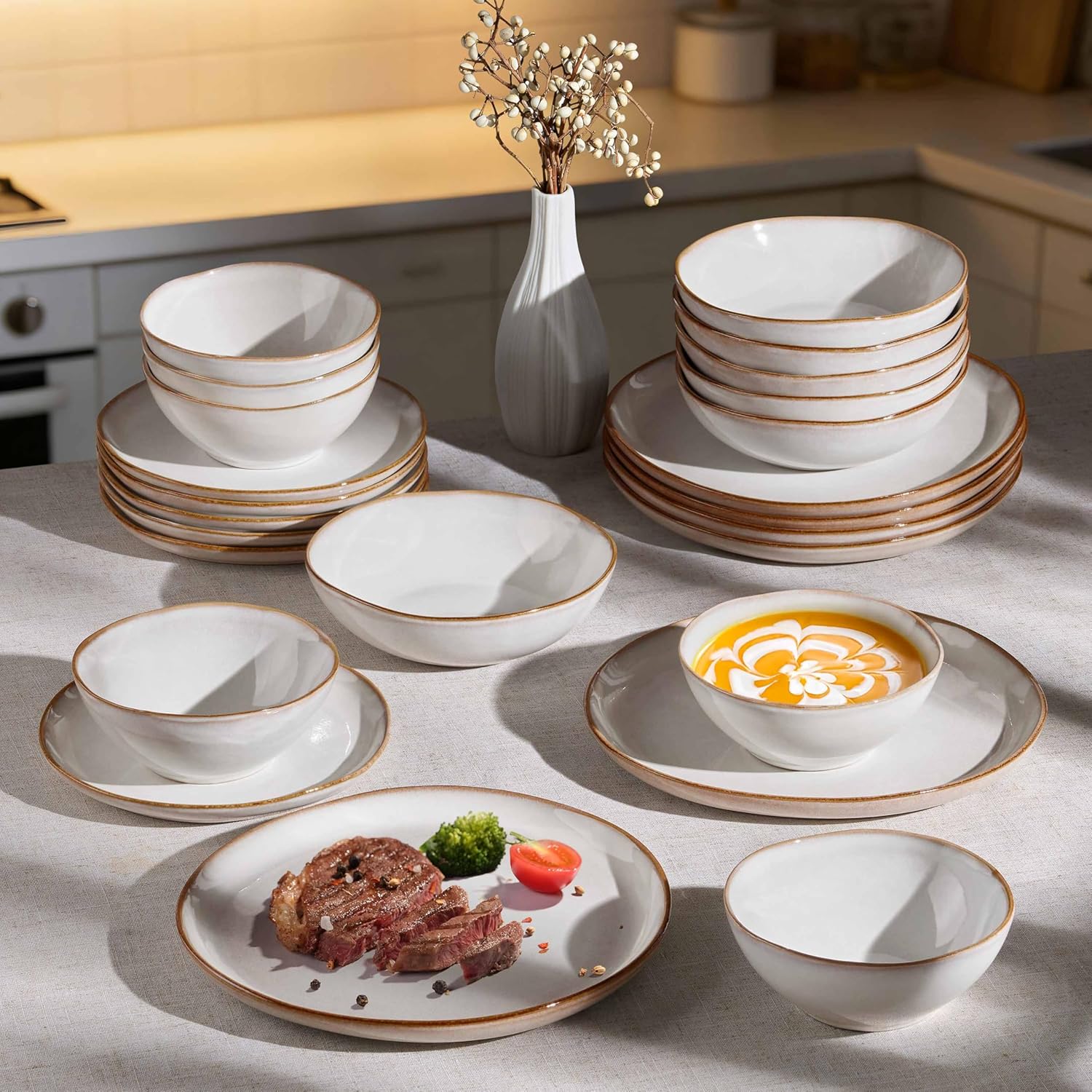 Herogo 18 Piece Stoneware Dinnerware Sets for 6, Plates and Bowls Dinner Dish Set, Irregular Handmade Dinning Ware Dishware for Home Kitchen, Microwave & Dishwasher Safe, Pearl White