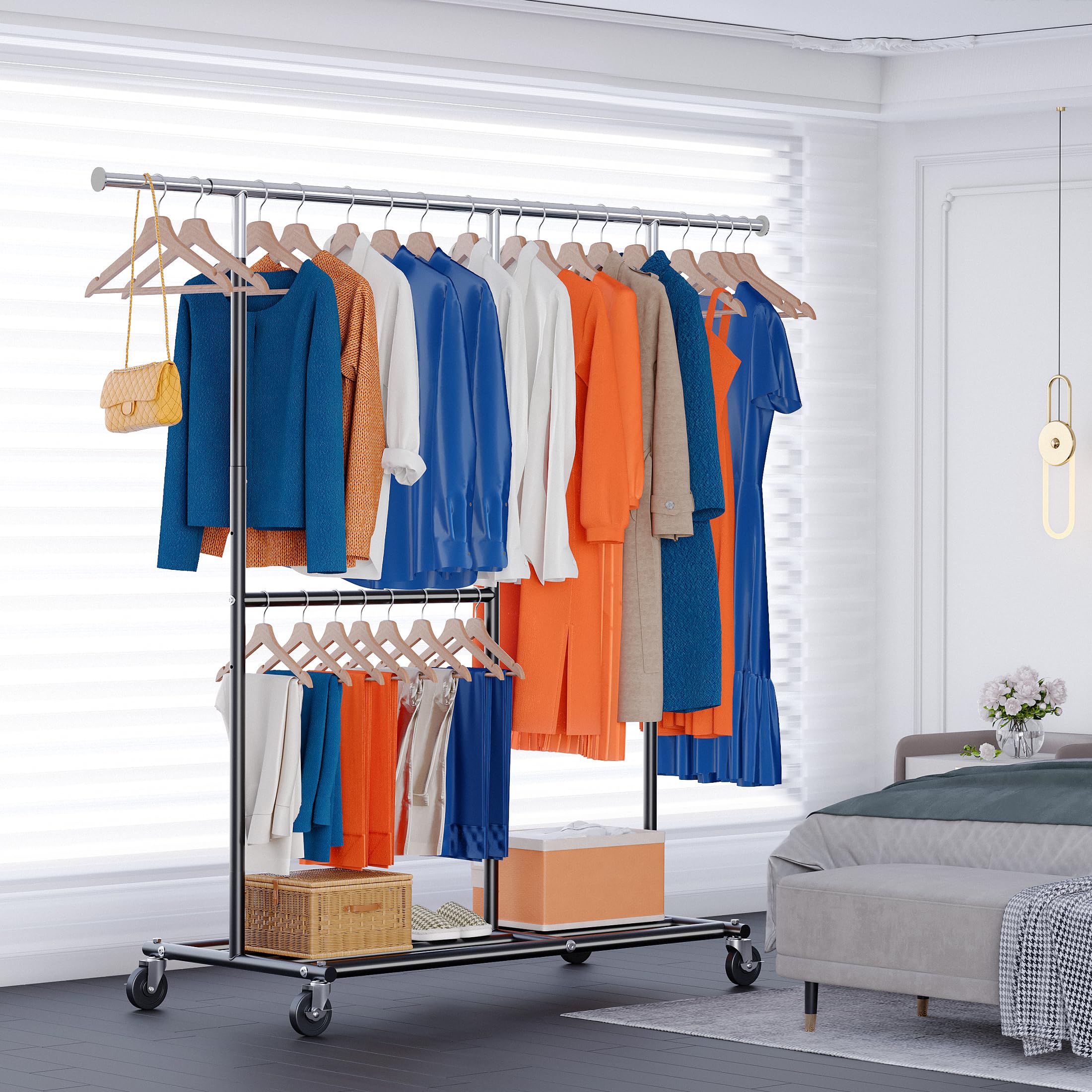 HOKEEPER Burro de Ropa Resistente de Doble Barra con Ruedas, 209kg, Altura Ajustable y Barra Extensible, Armario Móvil para Dormitorio, Boutique