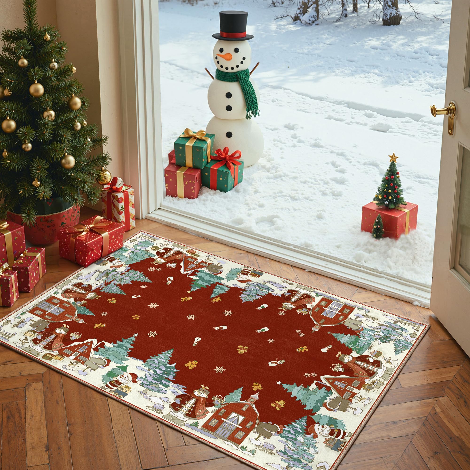 GENIMO 2x3 Christmas Rug Red Small Washable Entryway Rug Non Slip Soft Snowflake Tree Print Carpet Low Pile