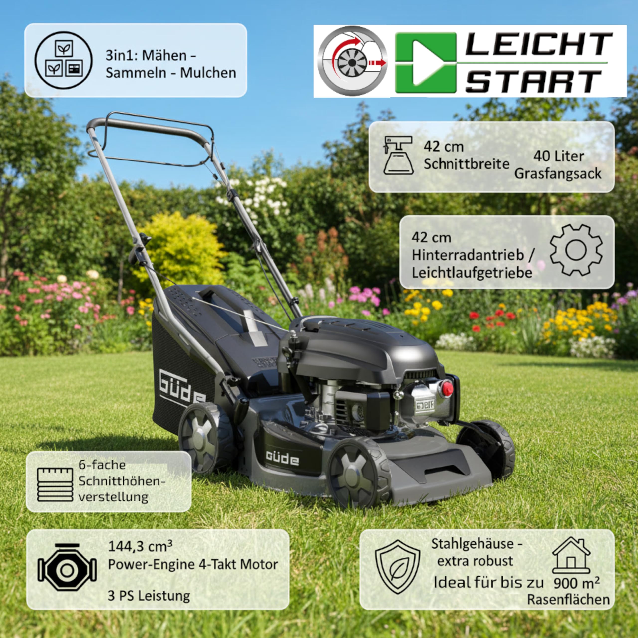 Güde Benzin Rasenmäher mit Radantrieb und Leichtstart 144,3cm³ 42cm Eco Wheeler 415 R 3in1 mit Antrieb | 3PS | 40 Liter Korb | Stahlgehäuse | 6-fache Verstellung | Mulchfunktion | Reinigungsanschluss