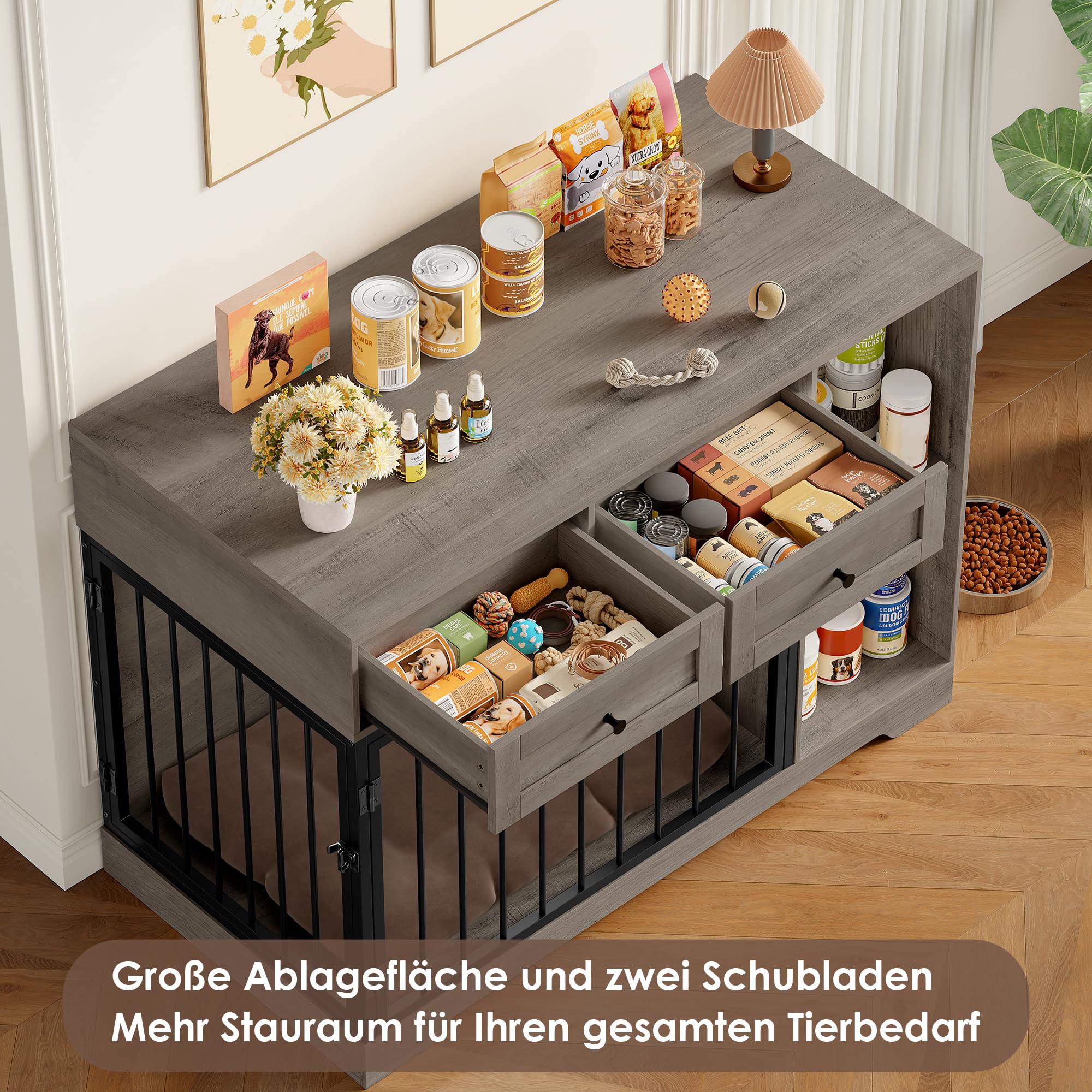 FirFurd Hundebox für kleine Hunde Hundekäfig Möbel mit Schubladen & 2 Türen | Hundebox für Zuhause, Hundekäfig aus Metall und Holz, Hundehütte Indoor, Hundehaus, Tierhaus, 120x87x60cm, Braun & Schwarz