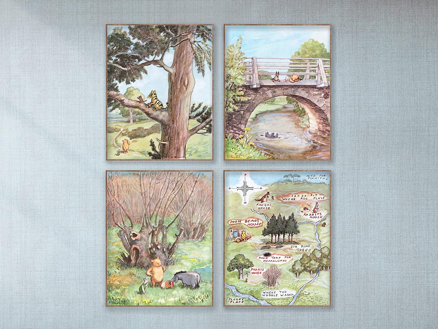 Classic Winnie The Pooh Nursery Wall Art - Vintage Woodland Decor, Baby Boy Shower, Baby Girl Print, Kids Room Art (Set of 4 - Unframed)