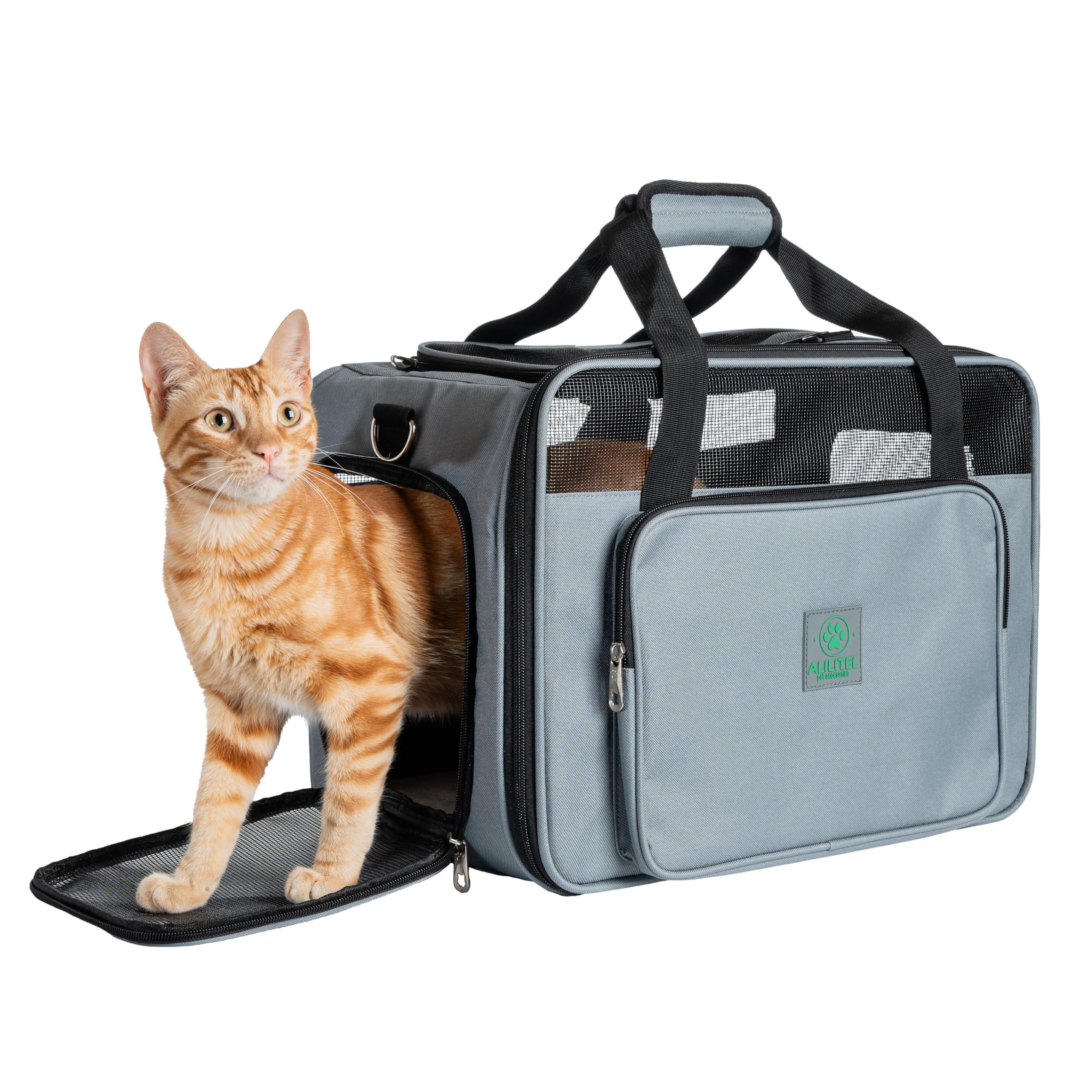 Transportin Gato Perro, Mochila Transporte para Mascotas, Transportin Transpirable con Asas y Correa de Hombro, Incluye Organizador de Documentos