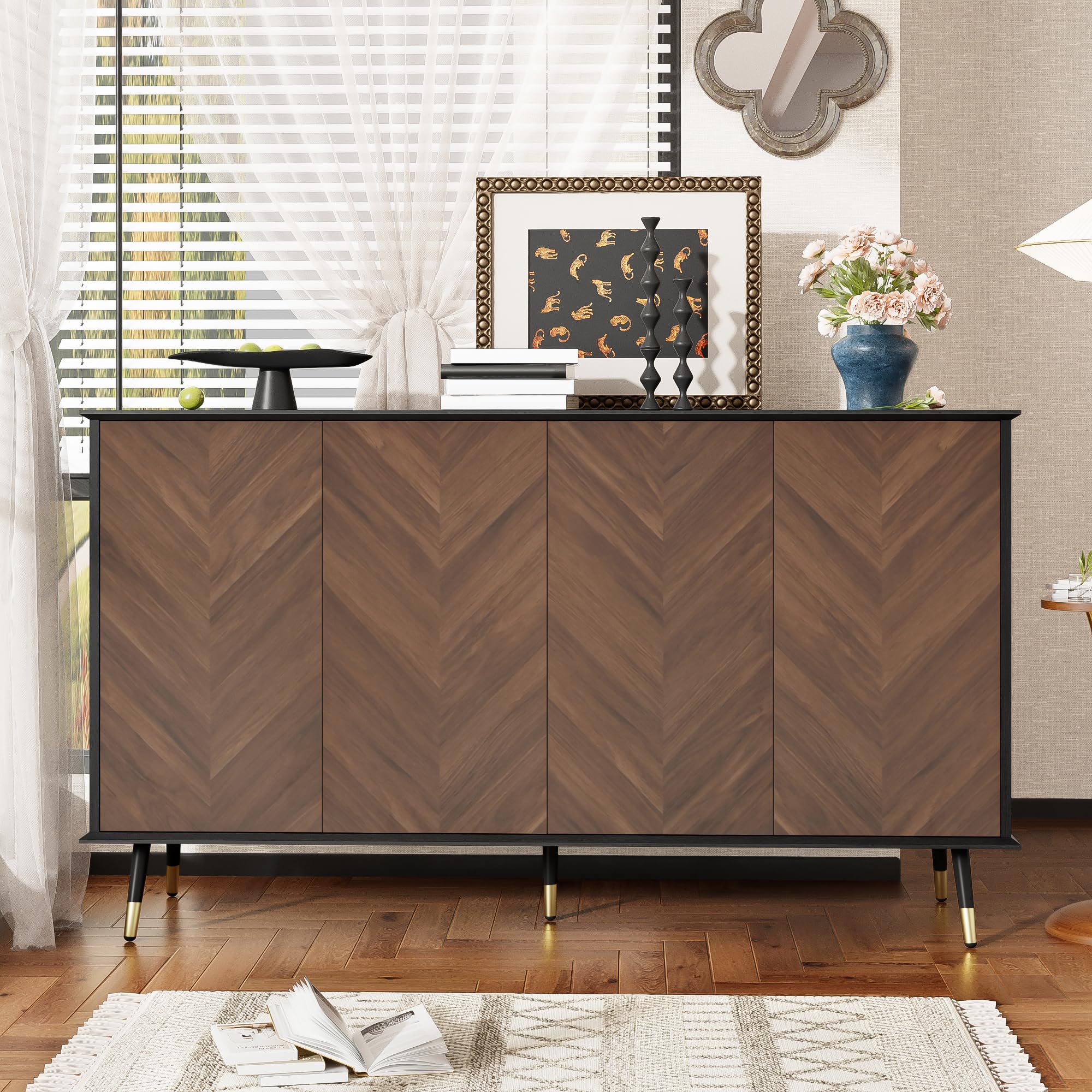 Credenza moderna con motivo a spina di pesce, armadio a buffet con 4 ante e ripiani regolabili in altezza, legno MDF e piedini in metallo, spazio per soggiorno, corridoio e sala da pranzo