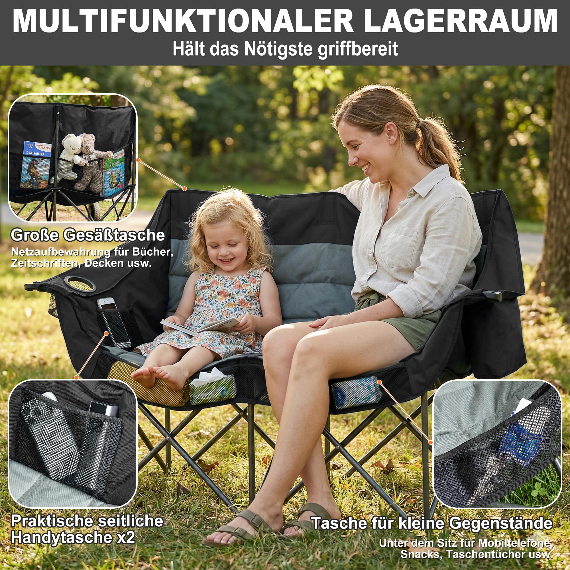 Coolfish Doppel Campingstuhl Faltbar, Klappstuhl Campingsofa für 2 Personen, Bequemes 2 Sitzer Camping Sofa mit Getränkehalter, Stabiler Outdoor Campingcouch Angelstuhl mit Kühltasche, Schwarz