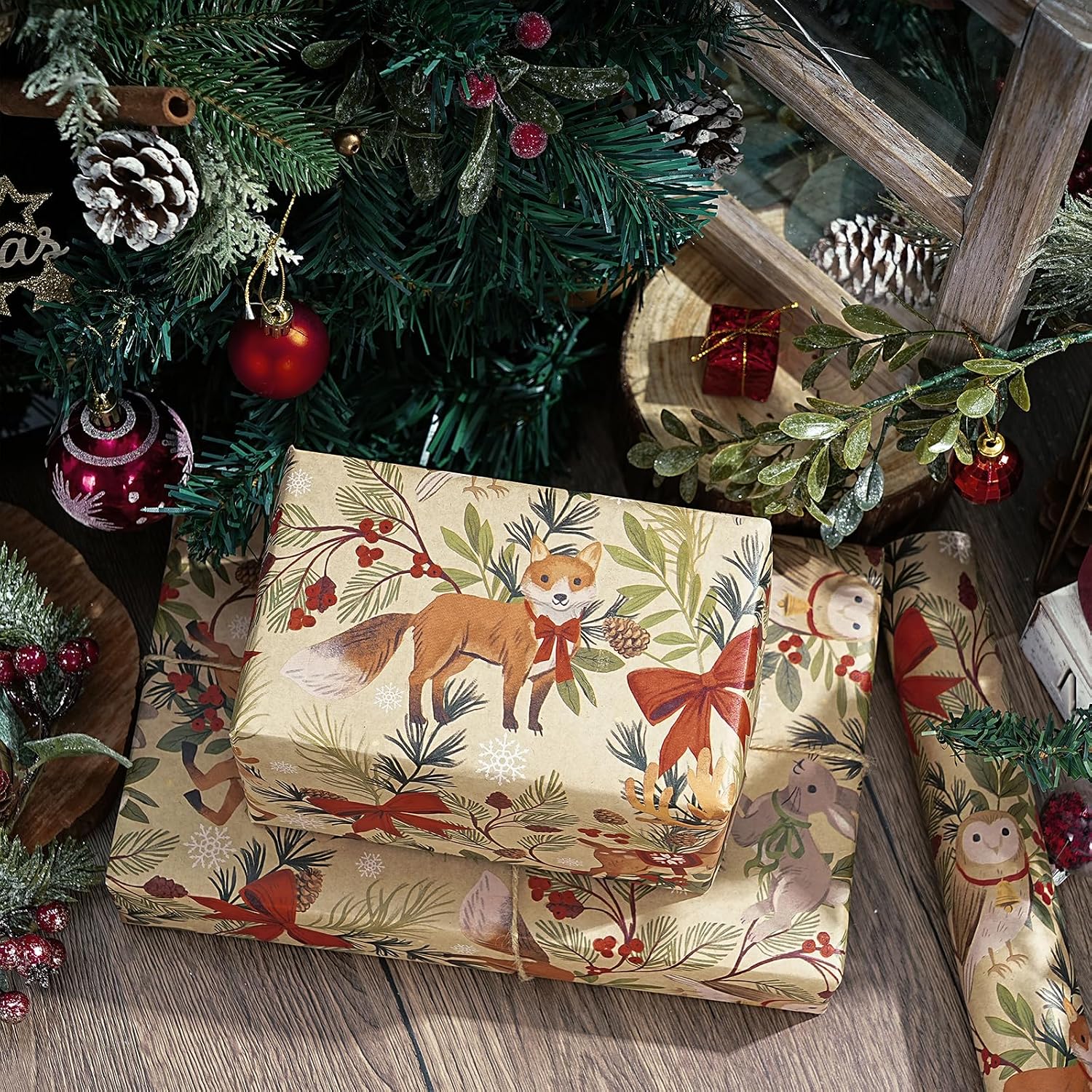 RUSPEPA Kraft Christmas Wrapping Paper Roll, Mini Roll, Woodland Animal Design with Fox, Reindeer, Owl and Bunny, Kraft Gift Wrap for Christmas, Holiday, Winter Party, 17 Inches x 16.4 Feet image 3