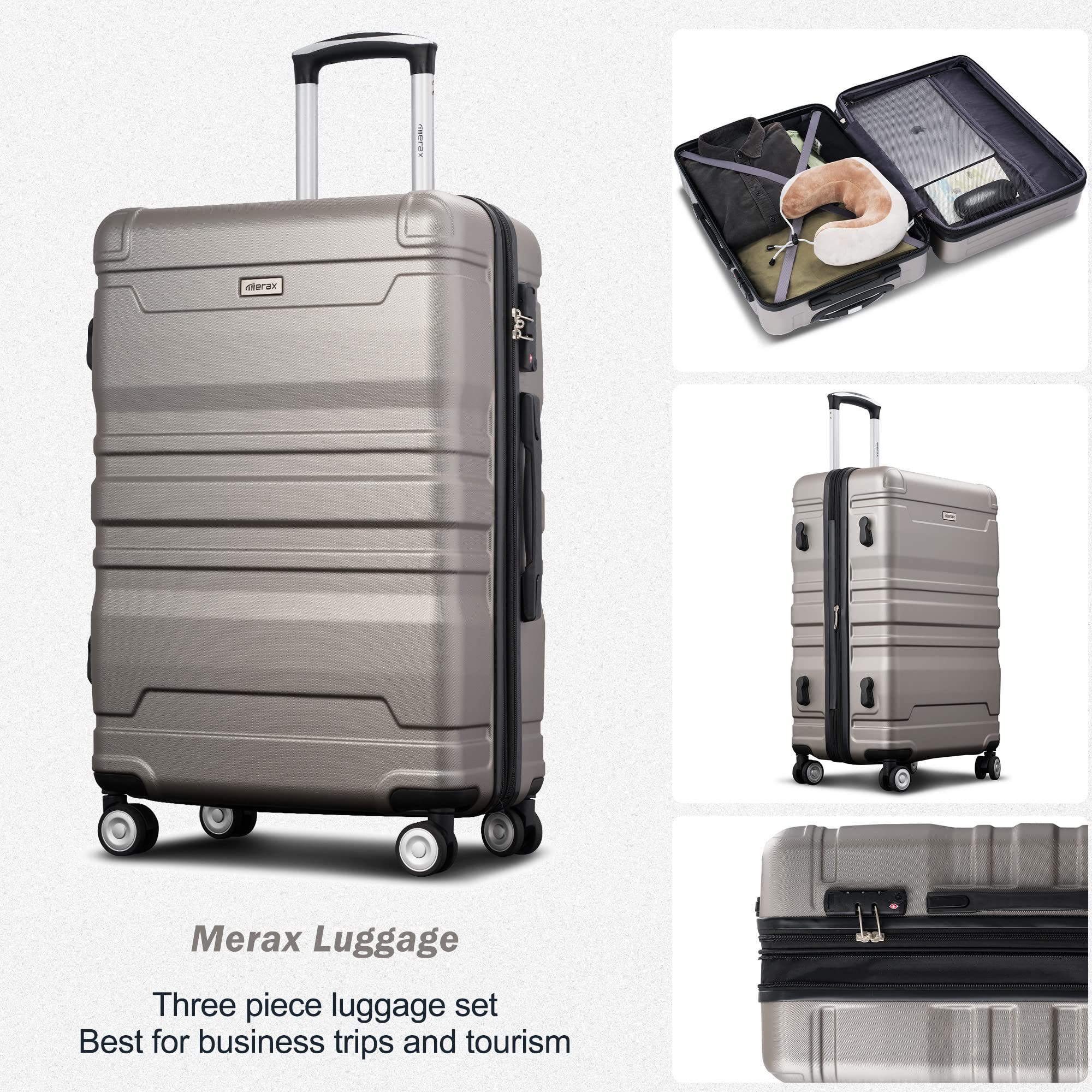 Merax 3 Piece Expandable Spinner Luggage Sets ABS Hardside Suitcase TAS Lock Suit Case Lightweight, Grey, (20/24/28)