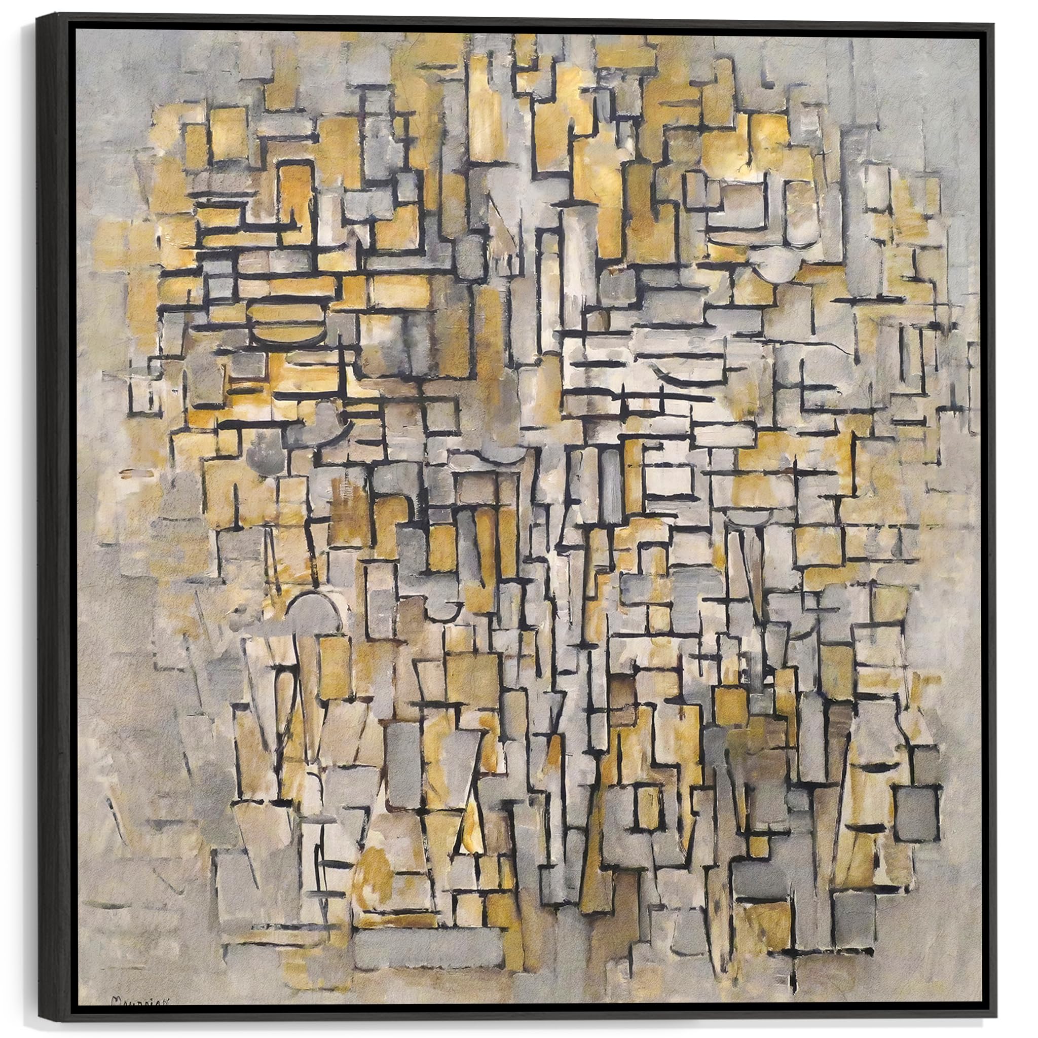 Wallfillers Yellow Grey Large Modern Framed Abstract Canvas - Piet Mondrian - Ffs2129 - Xl - 100X100cm