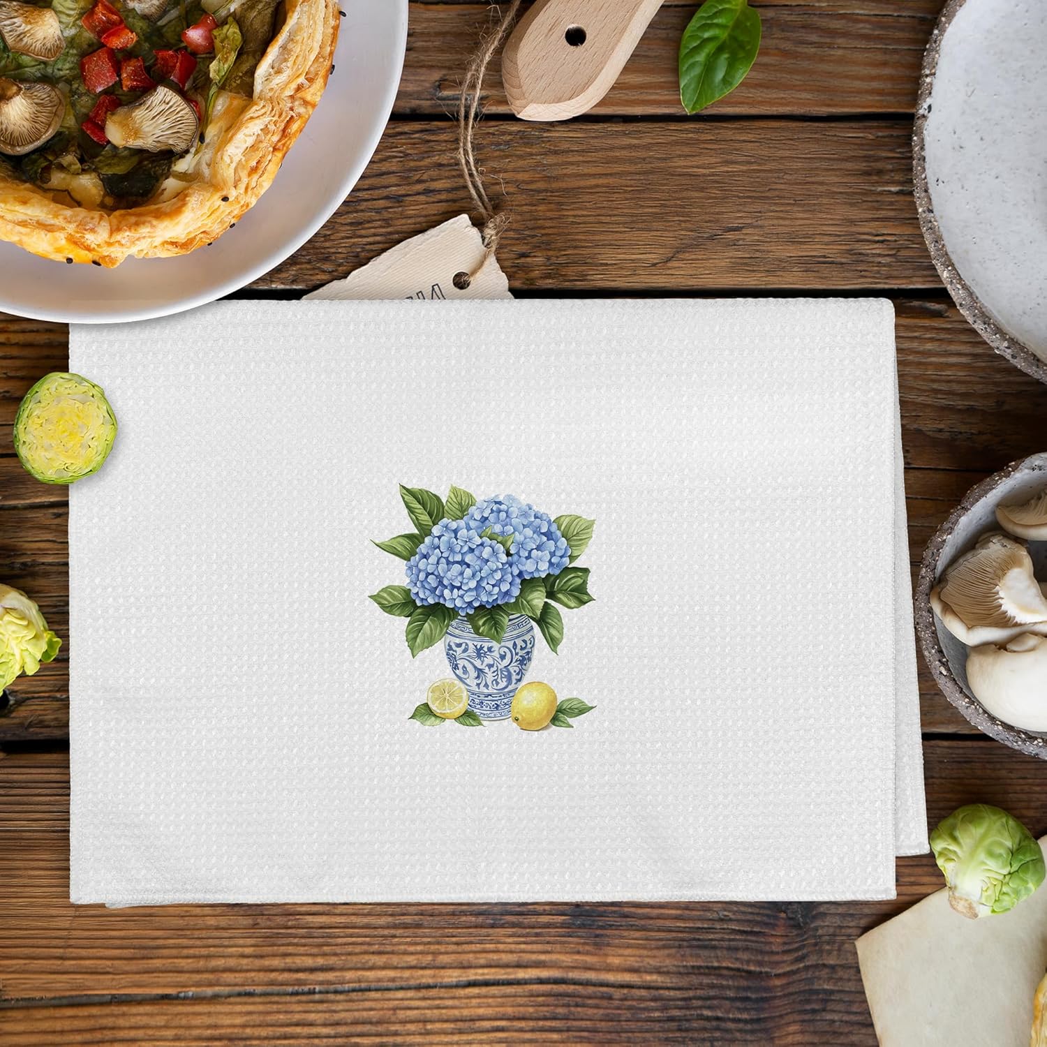 Vintage Chinoiserie Hydrangea Lemon Decor Kitchen Towels and Dishcloths Sets of 2, Grand Millenial Blue and White Hydrangea Floral Decor Dish Hand Tea Towels for Bathroom Kitchen, 16x24 Inch - Image 3