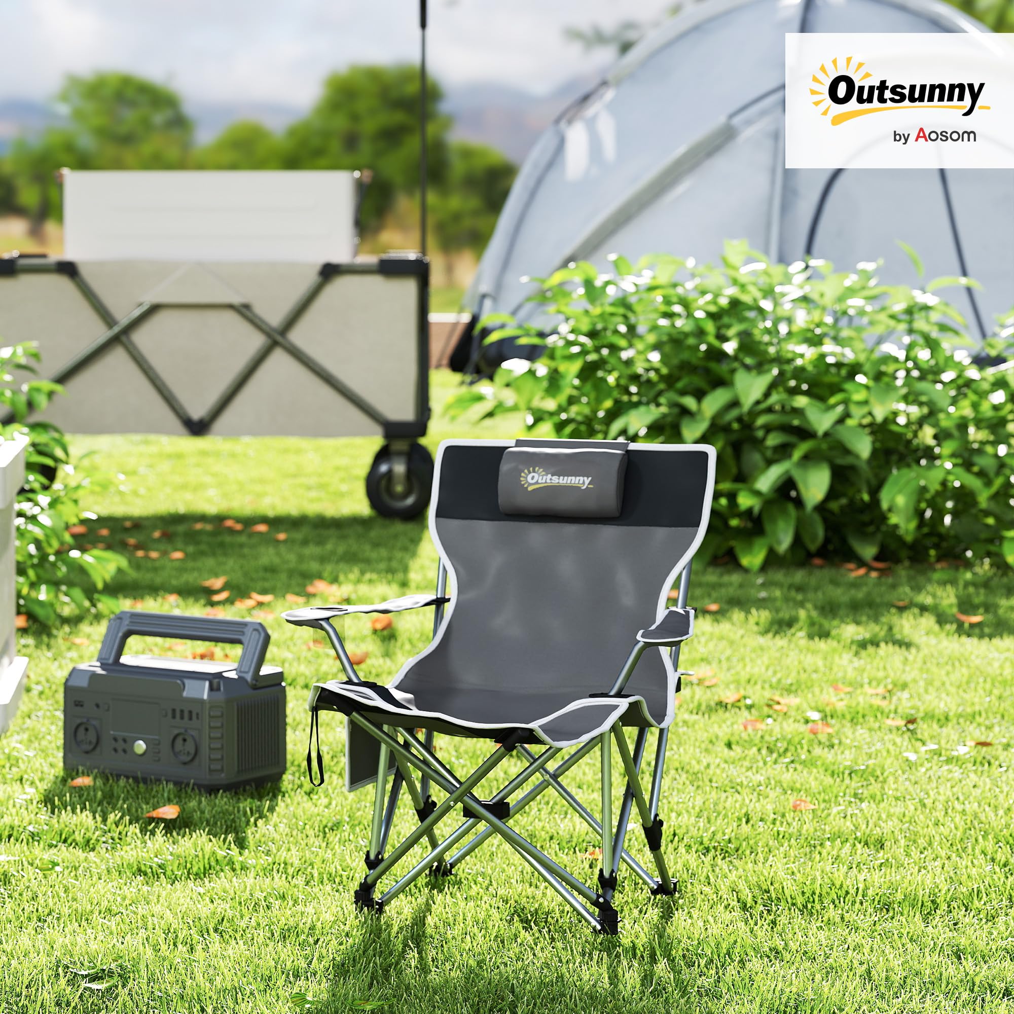 Outsunny Sedia da Campeggio Pieghevole con Poggiapiedi Staccabile, Portabicchieri e Tasca Laterale, Sedia da Giardino in Tessuto Oxford e Metallo, Portata Fino a 120 kg, 82x100x88 cm, Grigio