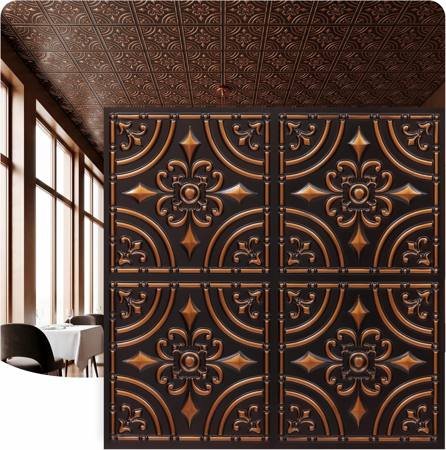 From Plain To Beautiful In Hours 205 Wrought Iron PVC Ceiling Tiles 2x2 ft Glue-Up Panels, Class A Fire-Rated, Lightweight Decorative Ceiling & Wall Tiles, Covers / 200 sq.ft, Antique Copper, 50-Pack
