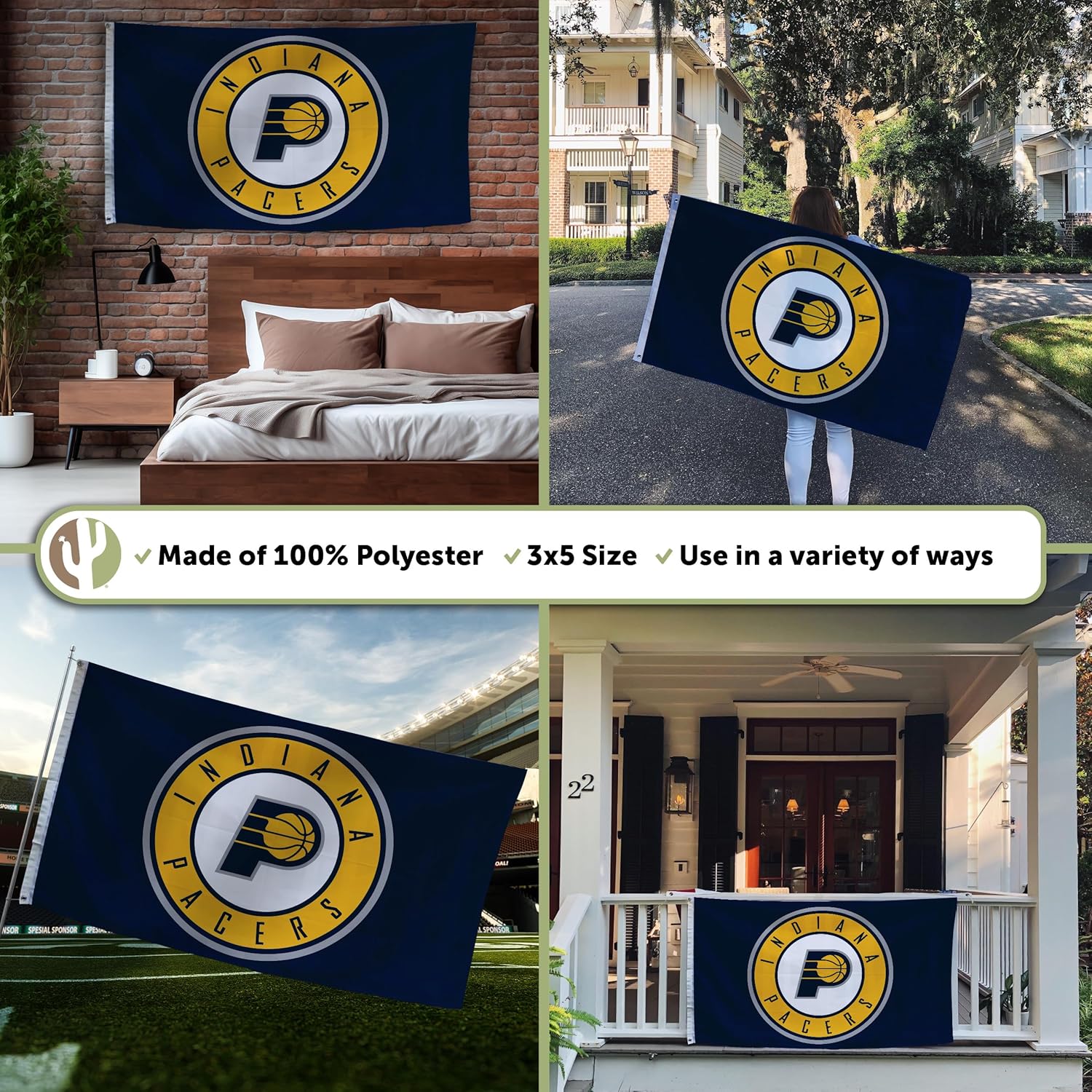 Desert Cactus Indiana Pacers Flag NBA 100% Polyester Indoor Outdoor 3x5 feet National Basketball Association Team Flags (Flag #2) - Image 3