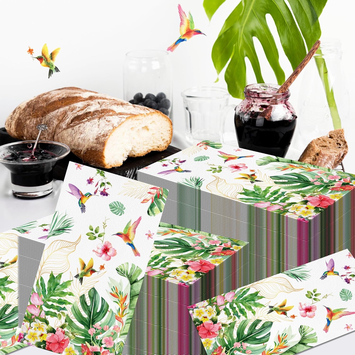 200 Count Floral and Birds Paper Napkins 4.5 x 8 Inch Disposable Hand Towels Leaves Hummingbird Pattern Disposable Napkins for Bathroom Picnic Birthday Holiday Party Dinner Supplies Wedding Daily Use