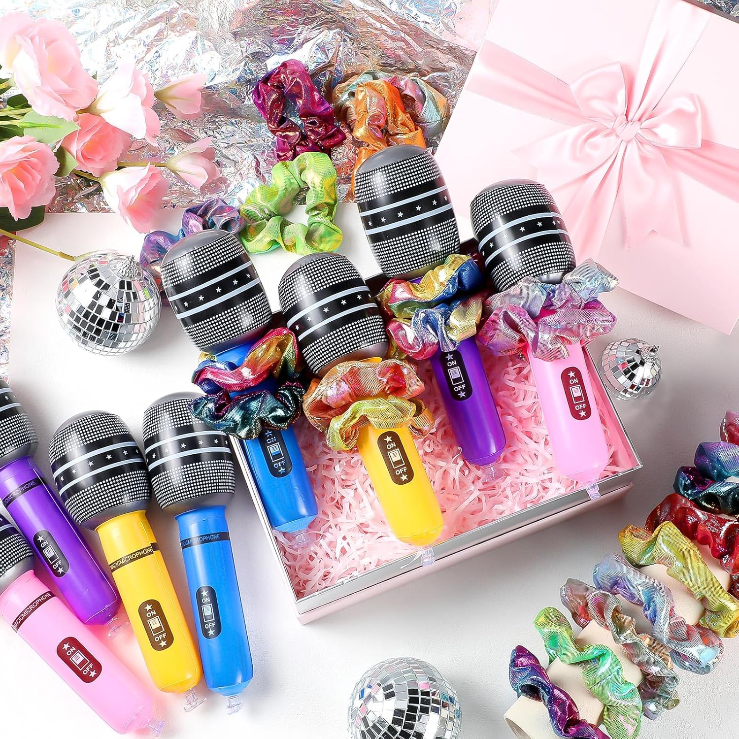 Ceenna 48 Pcs Kpop Disco Party Favors Friendship Gifts 24 Inflatable Microphones 24 Shiny Metallic Scrunchies Rainbow Neon Colors Accessories for Birthdays Y2k 80s Singer Dance Fans Dj Party Supplies