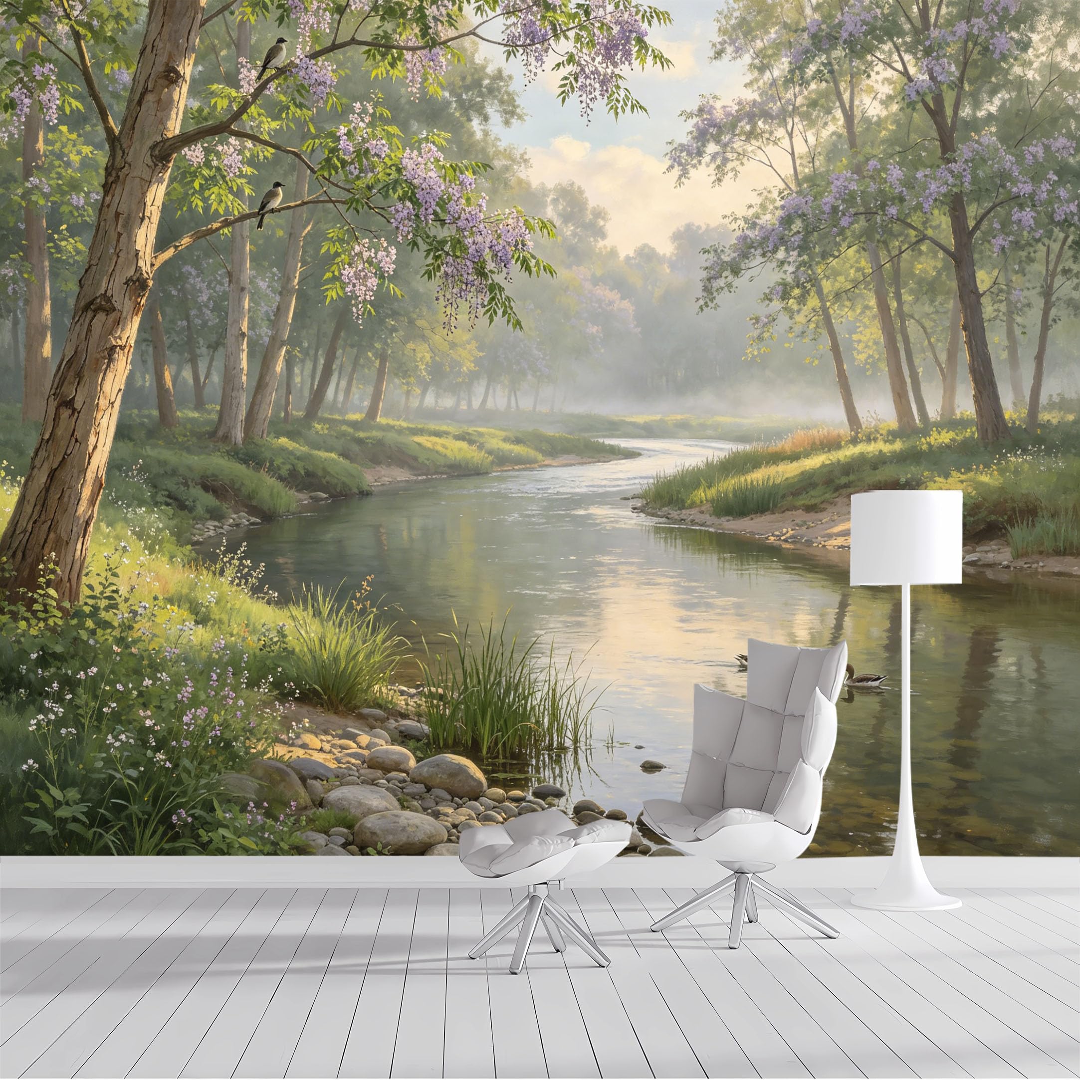 Custom Size Wall Mural Serene Wisteria River Landscape Watercolor SelfAdhesive Wall Fabric Removable Peel and Stick Wallpaper Wall Decor for Living Room Bedroom Bathroom