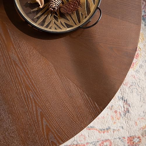 Miniatura 7 de GDFStudio Mesa auxiliar redonda de 39 pulgadas con tapas de nogal, mesas de centro circulares de chapa con textura de corteza con base de relieve