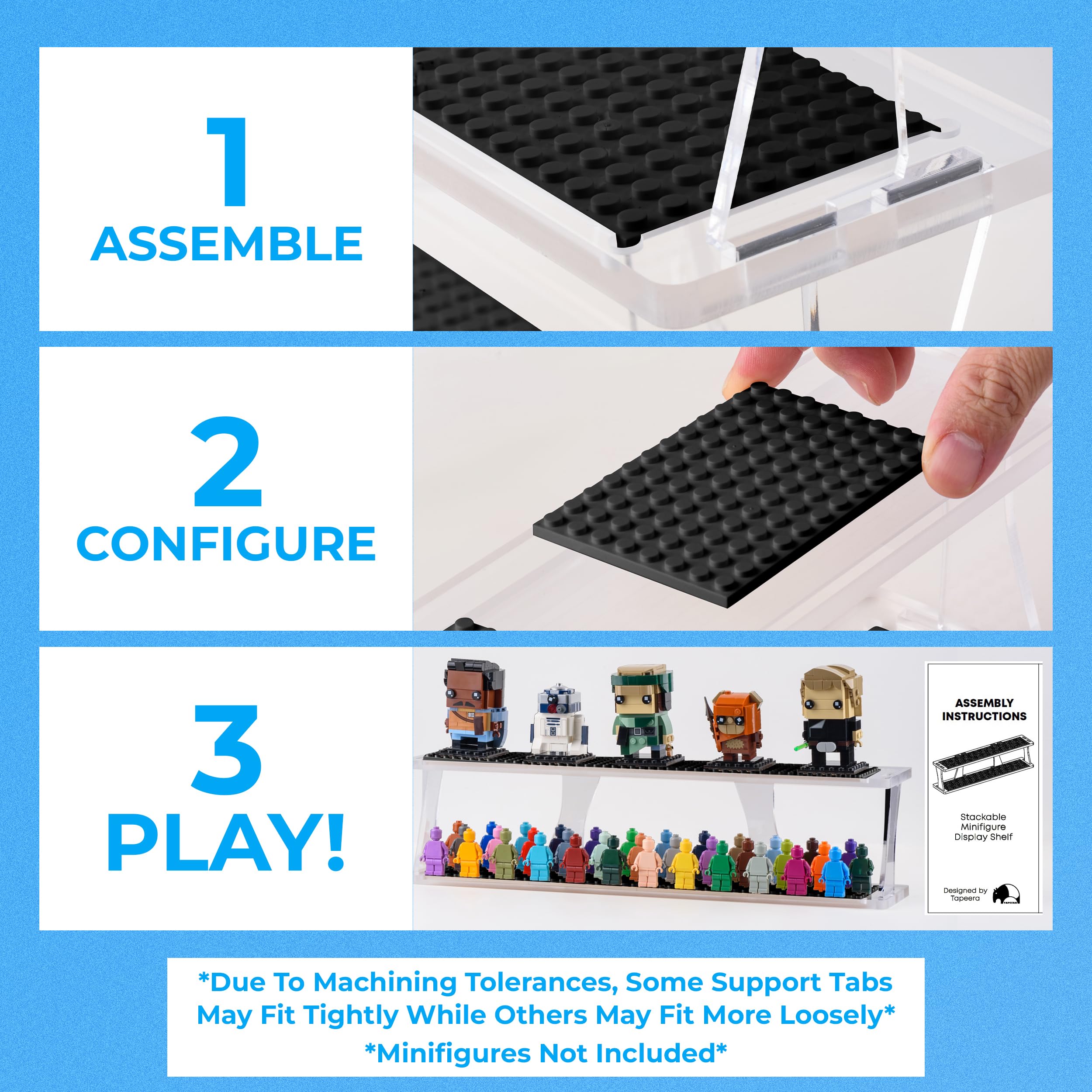 Tapeera Tabletop Stackable Minifigure Display Case Holds Up to 72 Minifigures Or Mini Block Sets - Acrylic Display Case for Figures Compatible with Major Brands - Minifig Shelf Organizer (Black Base)