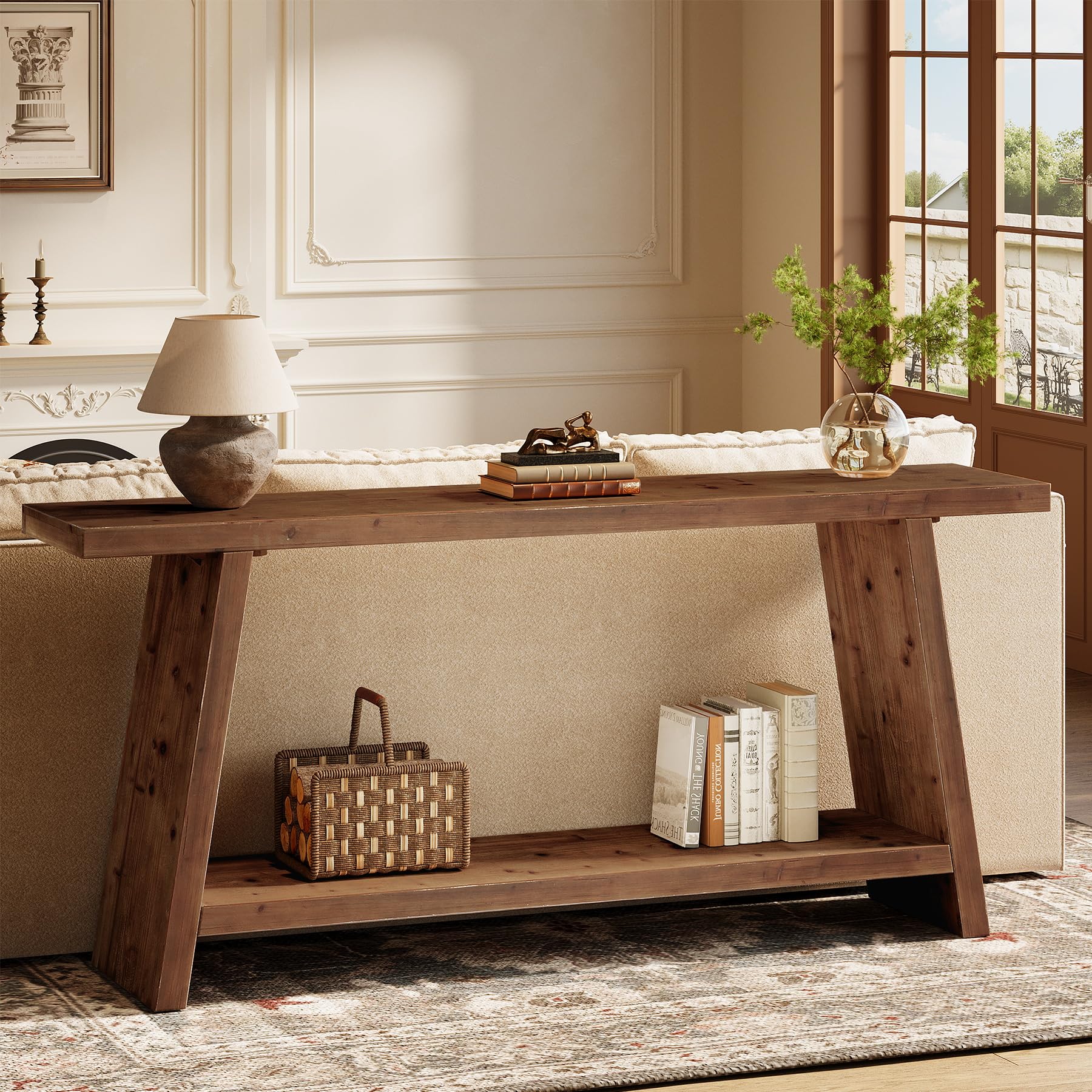 Mesa consola de madera maciza, 160 cm, mesa de entrada larga con 2 estantes, mesa de sofá estrecha detrás del sofá, mesa de pasillo para pasillo, salón, estilo granja vintage