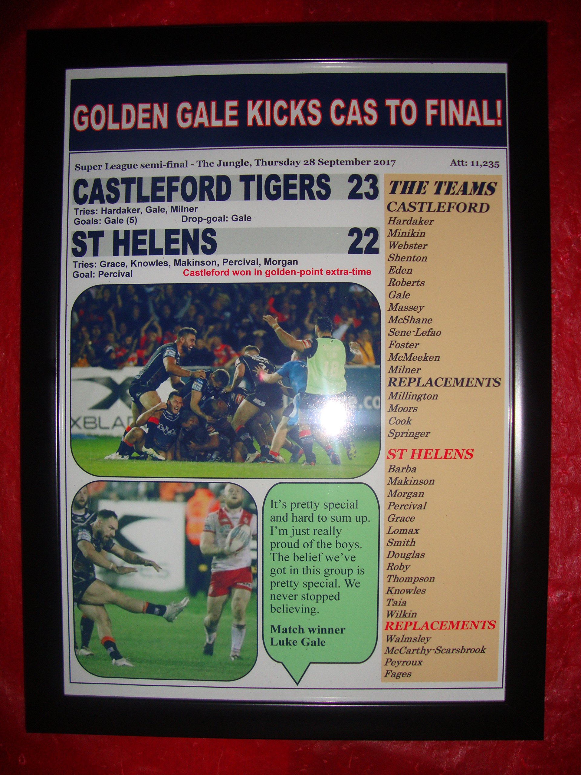 Lilywhite Multimedia Black Castleford Tigers 23 St Helens 22-2017 Super League Semi-Final - Framed Print