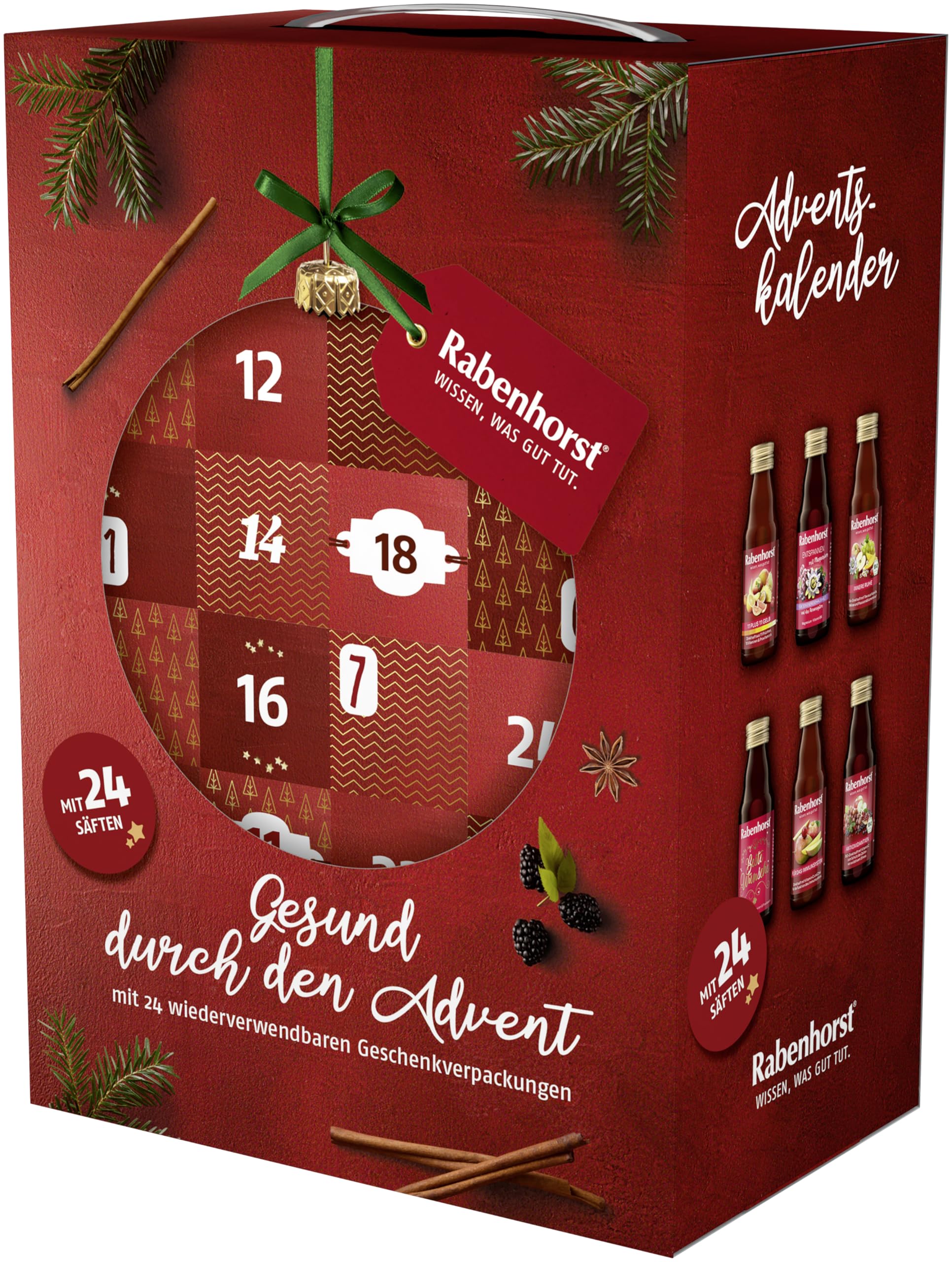 RABENHORST Saft Adventskalender 2025 | 24 hochwertige Direktsäfte in Glasflaschen (12 verschiedene Sorten) – Gesunder Adventskalender für Kinder und Erwachsene