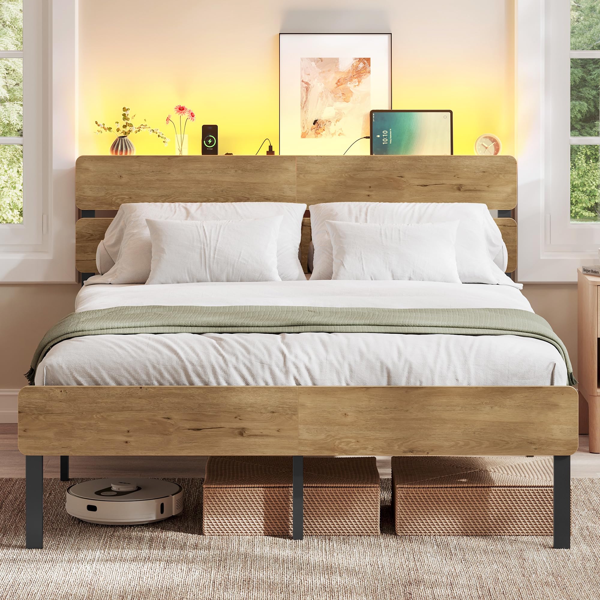 VASAGLE Double Metal Bed Frame, 135 x 190 cm, LED Lights, USB and Type-C Ports, Under-Bed Storage Space, Industrial Style, Easy Assembly, Natural Brown, RMB106K01