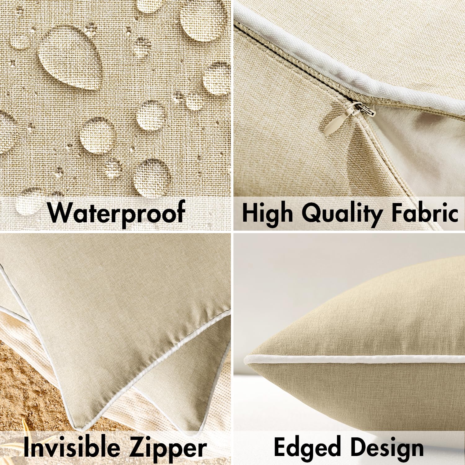 EMEMA Federa per cuscino impermeabile per esterni, cuscino decorativo, in poliestere, per giardino, divano, soggiorno, letto, set da 2 pezzi, 45 x 45 cm, beige