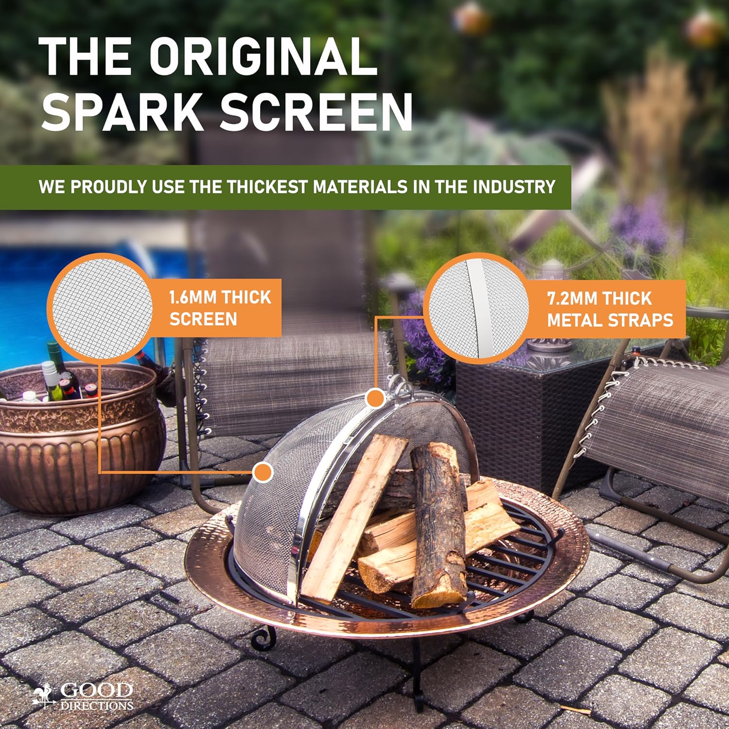 Good Directions Heavy Duty Fire Pit Spark Screen with Lifter, Stainless Steel, Hinged for Easy Access, 29 Inch Diameter