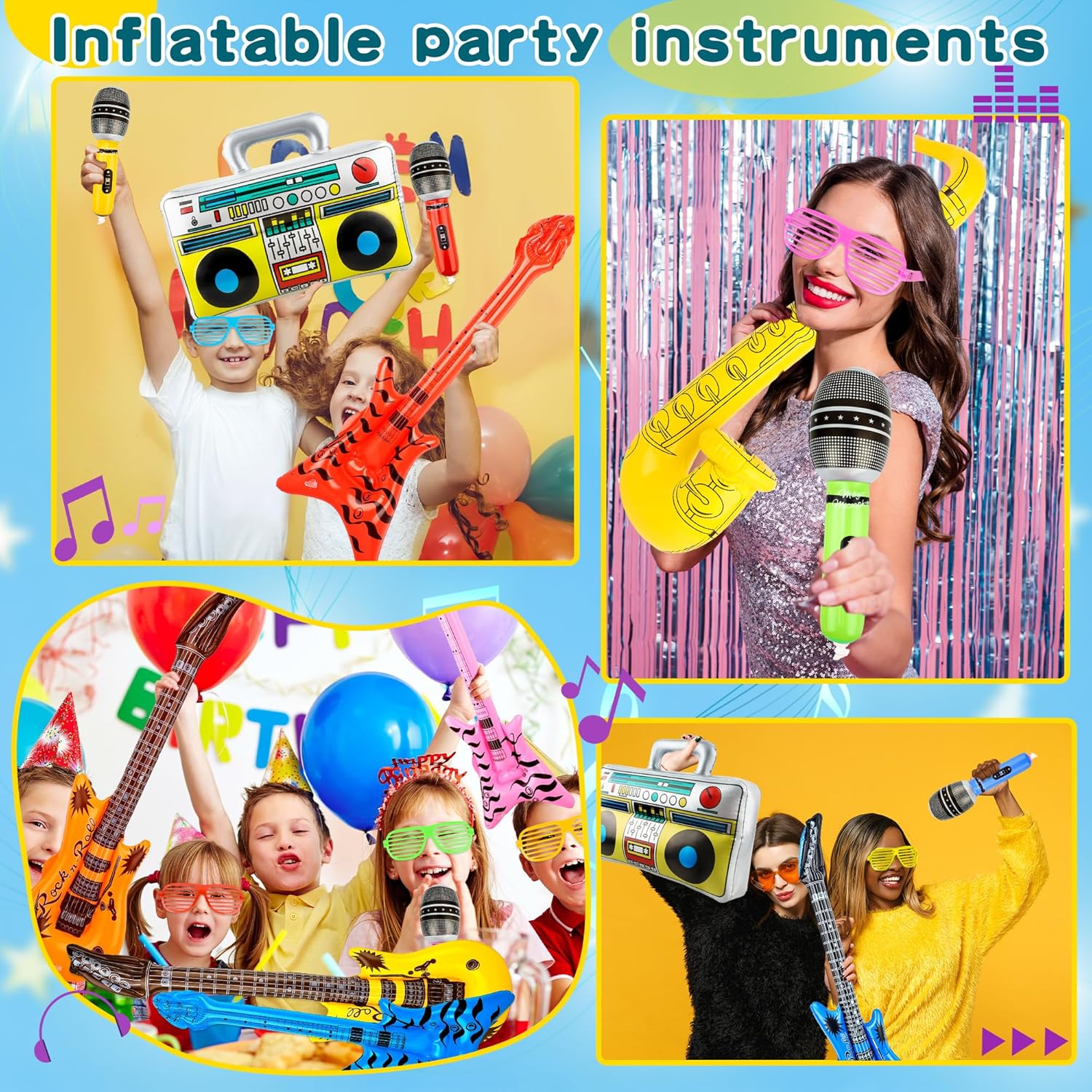 27 Pcs Inflatable Rock Star Instrument Set Inflatable Microphone Guitar Bass Saxophone Shutter Shading Glasses Air Pump for Pool Birthday 80s 90s Carnival Disco Party