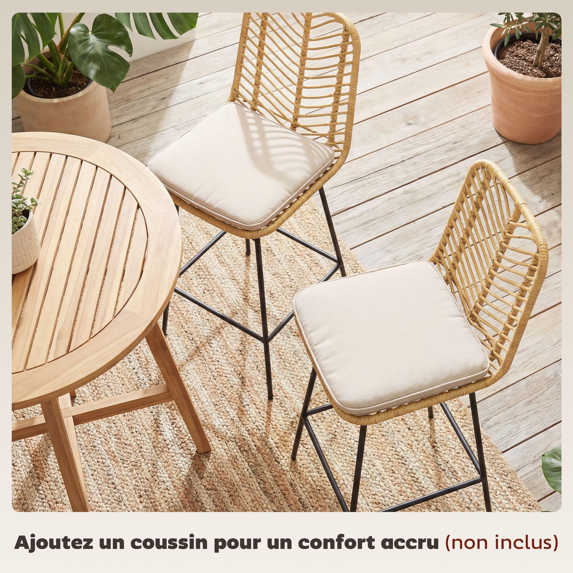 HOMCOM Lot de 2 Tabourets de Bar, Chaises de Bar, Assise 66H cm, Dossier en Cannage et Repose-Pieds, Cadre en Acier, Design Bohème, Chaises Hautes Cuisine, Salle À Manger, Comptoir, Jaune