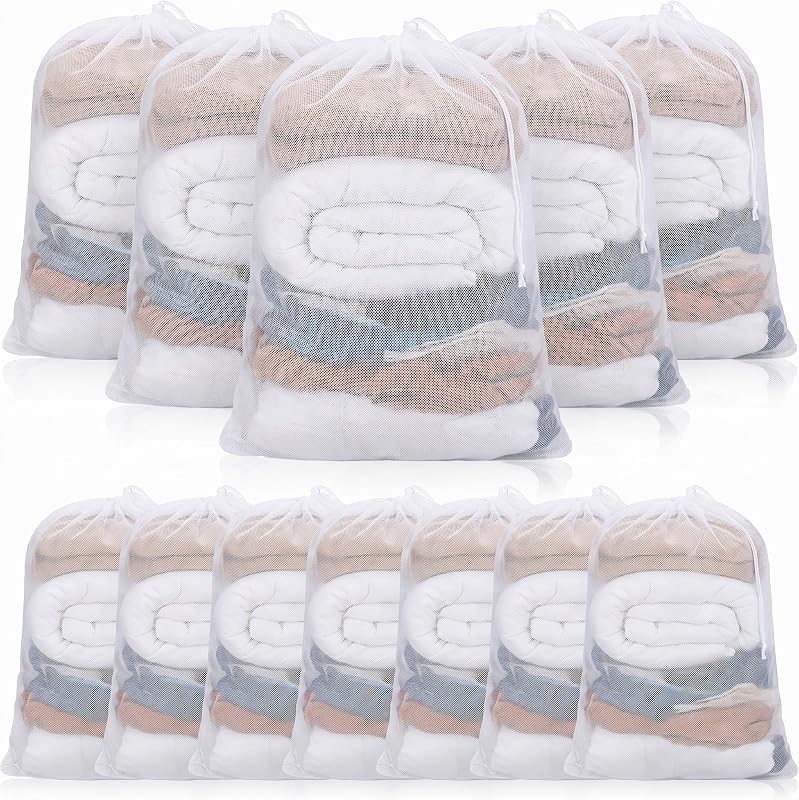 12 Pack 24 x 36 Inches Mesh Laundry Bag large Drawstring Heavy Duty Bag Bulk, Durable Machine Washable Storage for Factories, College, Dorm Hotel and Apartment Dwellers, White