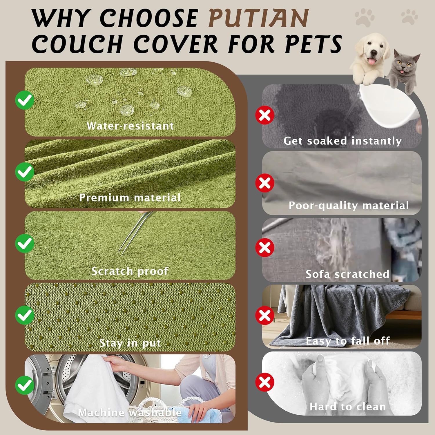 PuTian Couch Cover for Dogs - Waterproof Anti-Scratch Washable Non Slip 2 Cushion Cover Blanket L Shaped Recliner Sectional Arm Chair Sofa Slipcover for Pet Cats Kids, 71X102 in Boho Green