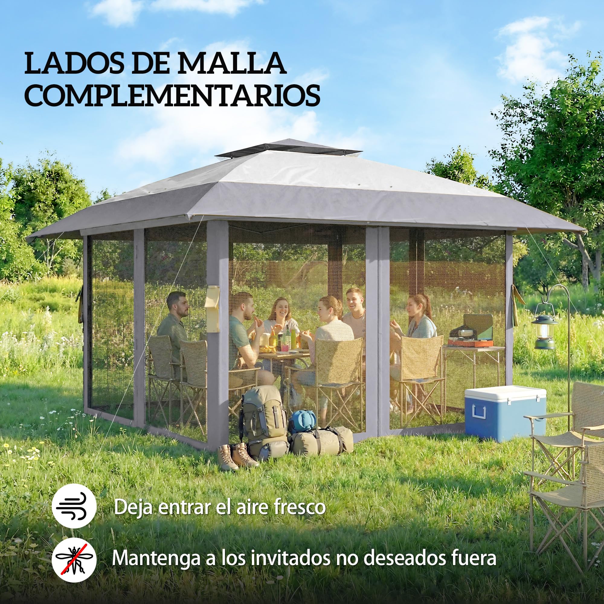 Outsunny Carpa Plegable 4x4 m, Pop-up, con Doble Techo, 4 Paredes Laterales de Malla, Cenador de Jardín con Altura Ajustable 3 Niveles, Bolsa de Transporte, UPF30+, Gazebo para Camping, Fiestas, Gris