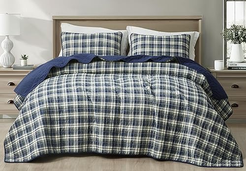Chezmoi Collection Chad - Juego de edredón de 3 piezas con diseño a cuadros, tamaño Queen, color azul, verde y beige claro - Juego de edredón de