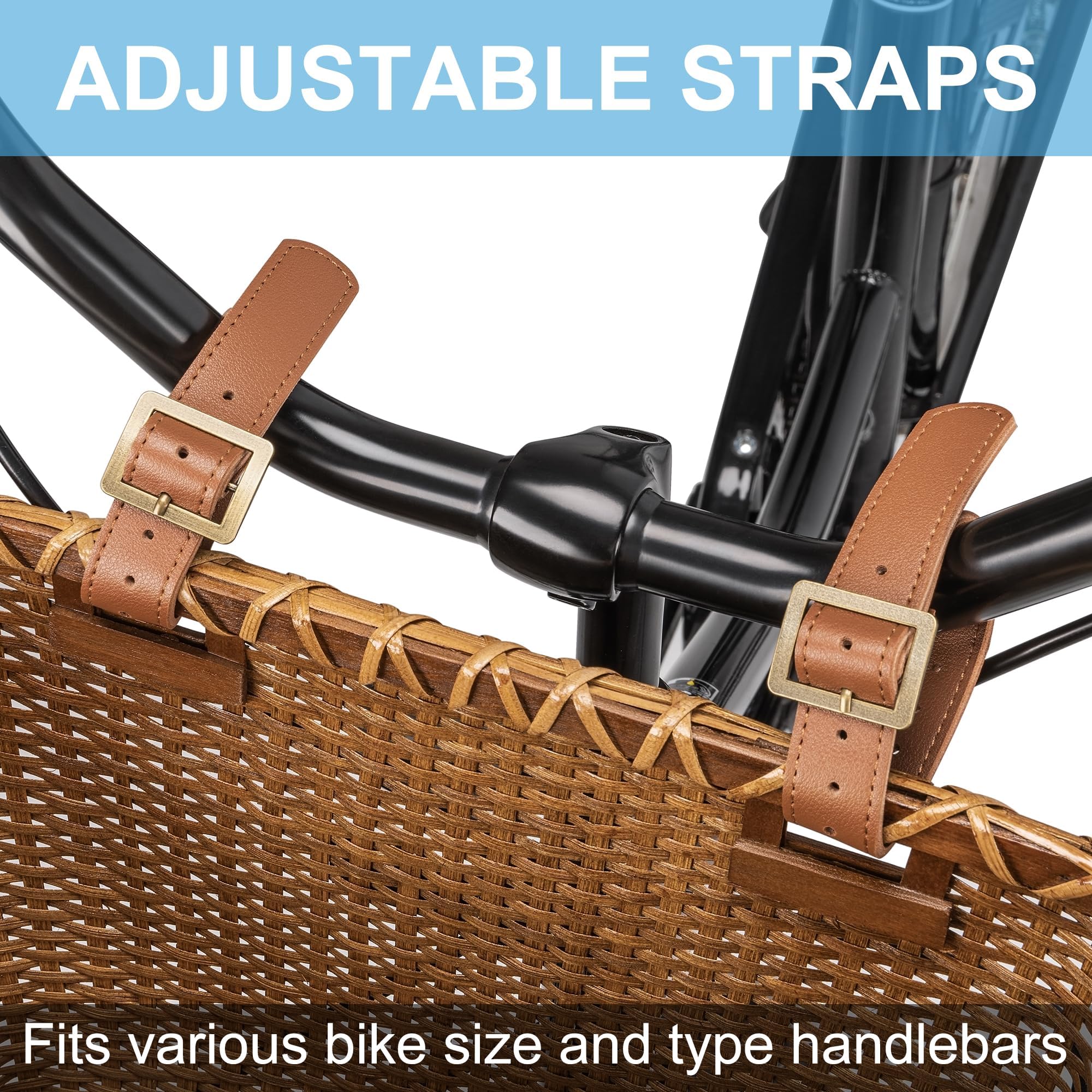 Panier de vélo – Design rétro, Guidon de vélo Robuste avec Support en Bois et Bretelles en Cuir, idéal comme Panier de vélo Avant