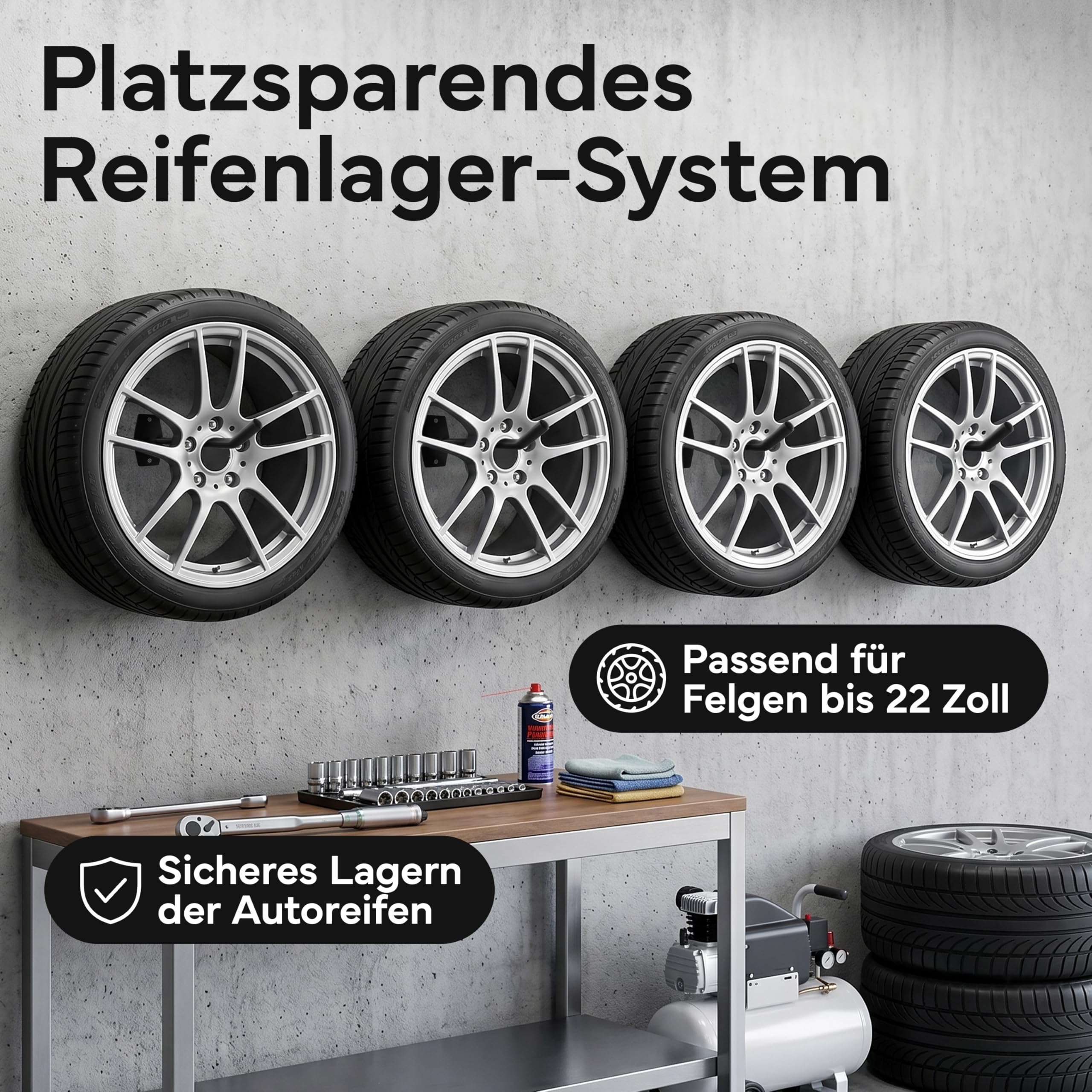 NEOLYMP Autoreifen Wandhalterung 4er Set - Platzsparende Reifenlagerung in der Garage - gehärteter Stahl, gummiert, bis 40kg pro Wandhalter - inkl. Fischer Dübel - Reifenhalter Wandhalterung