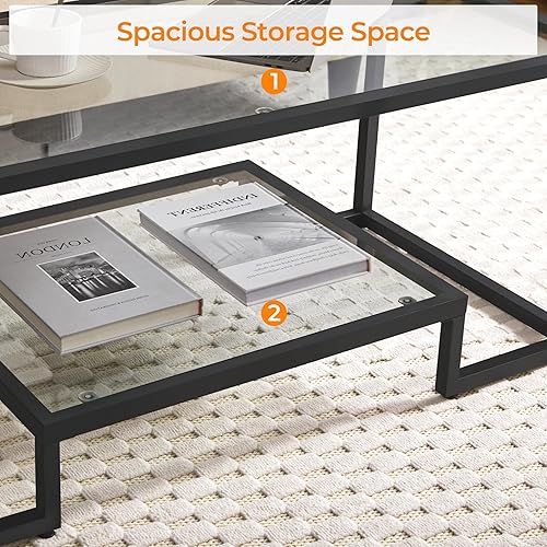 Miniatura 5 de Yaheetech Mesa auxiliar, mesa de centro de vidrio templado, mesas centrales simples modernas con diseño inspirado en geometría y marco de metal,