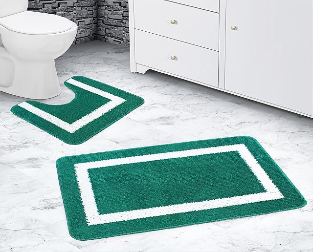 La Maison Bathroom Rug Set 2 Piece Stripe Border Geo Non Slip Bath Mat and Pedestal Mat Set Quick Dry Shower Bath Super Soft Toilet Mat Set (Emerald)