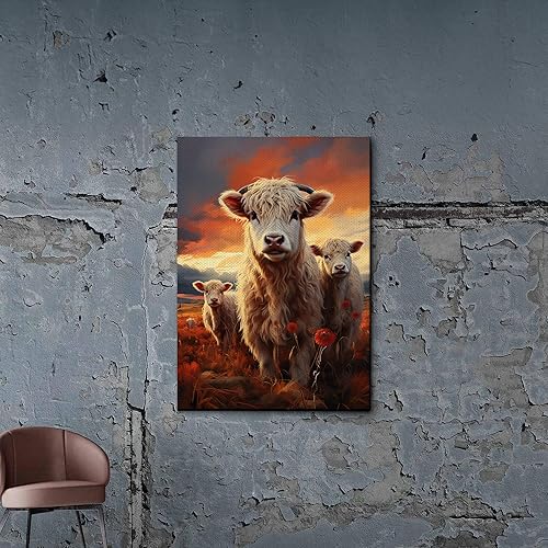 Highland Cow Wall Art, This Is Our Happy Place Inspirational Canvas Poster for Home, Long Haired Scottish Cow with White Flower Picture Farmhouse