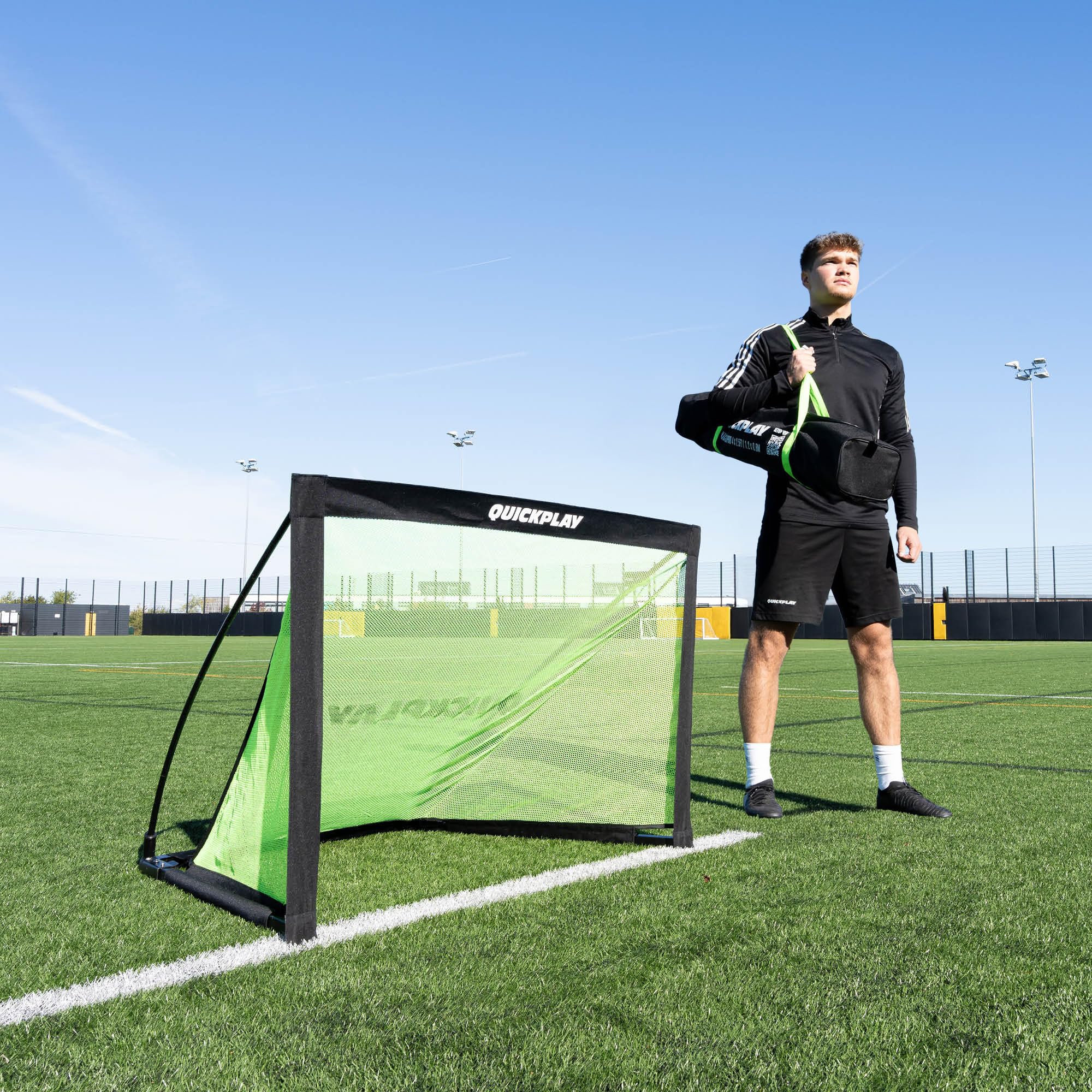 QuickPlay Kickster Pro 4x2.5ft Portable Football Goal for 3v3 Training Games & Instant Play - 20 Second Setup Folding FlexiGoal, Weighted Base, Indoor & Outdoor Football Goals with Pre-Attached Net