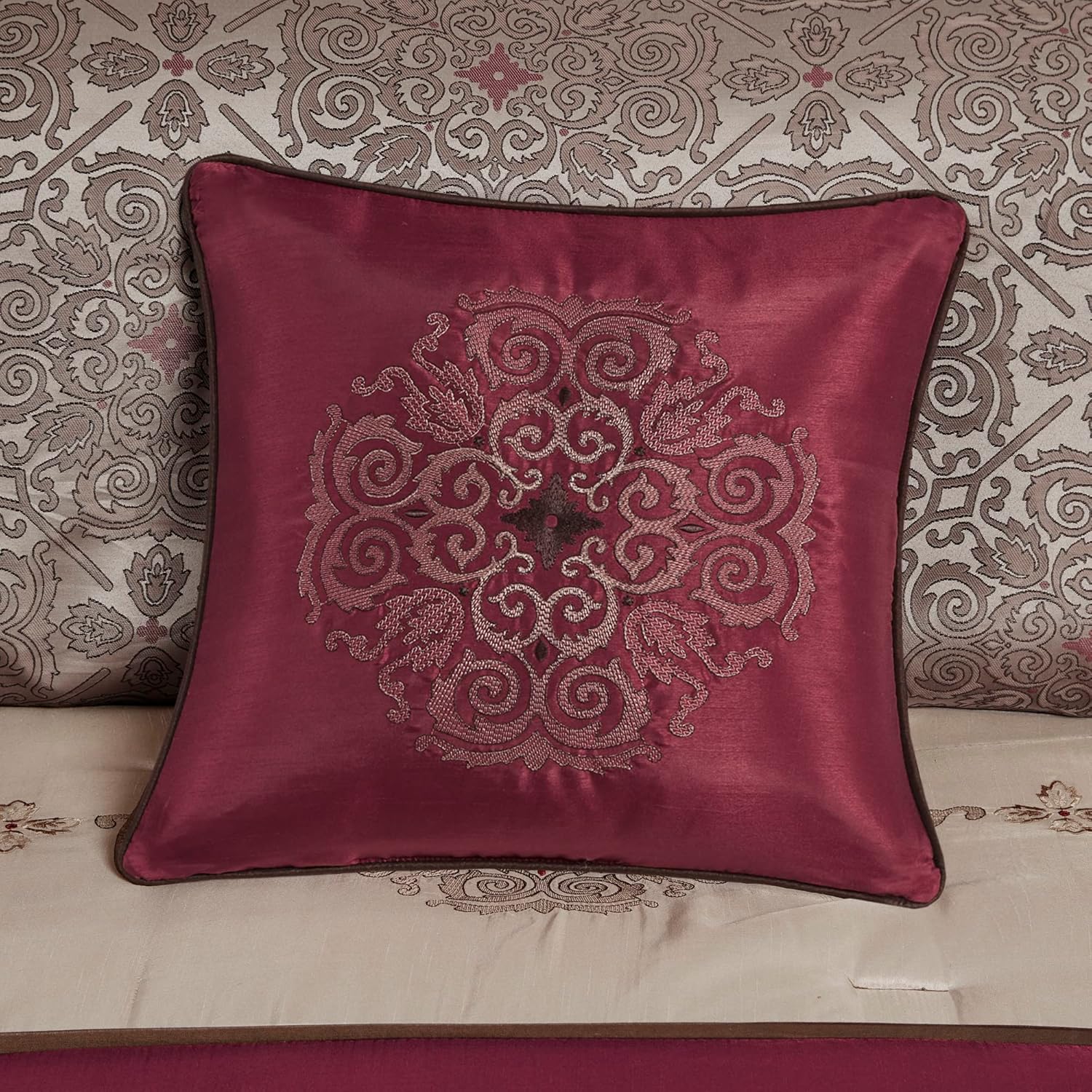 Madison Park Neyson Comforter Faux Silk-Traditional Luxurious Jacquard Design All Season Set, Matching Bed Skirt, Decorative Pillows, and Curtains, Valance King, Red Medallion 12 Piece