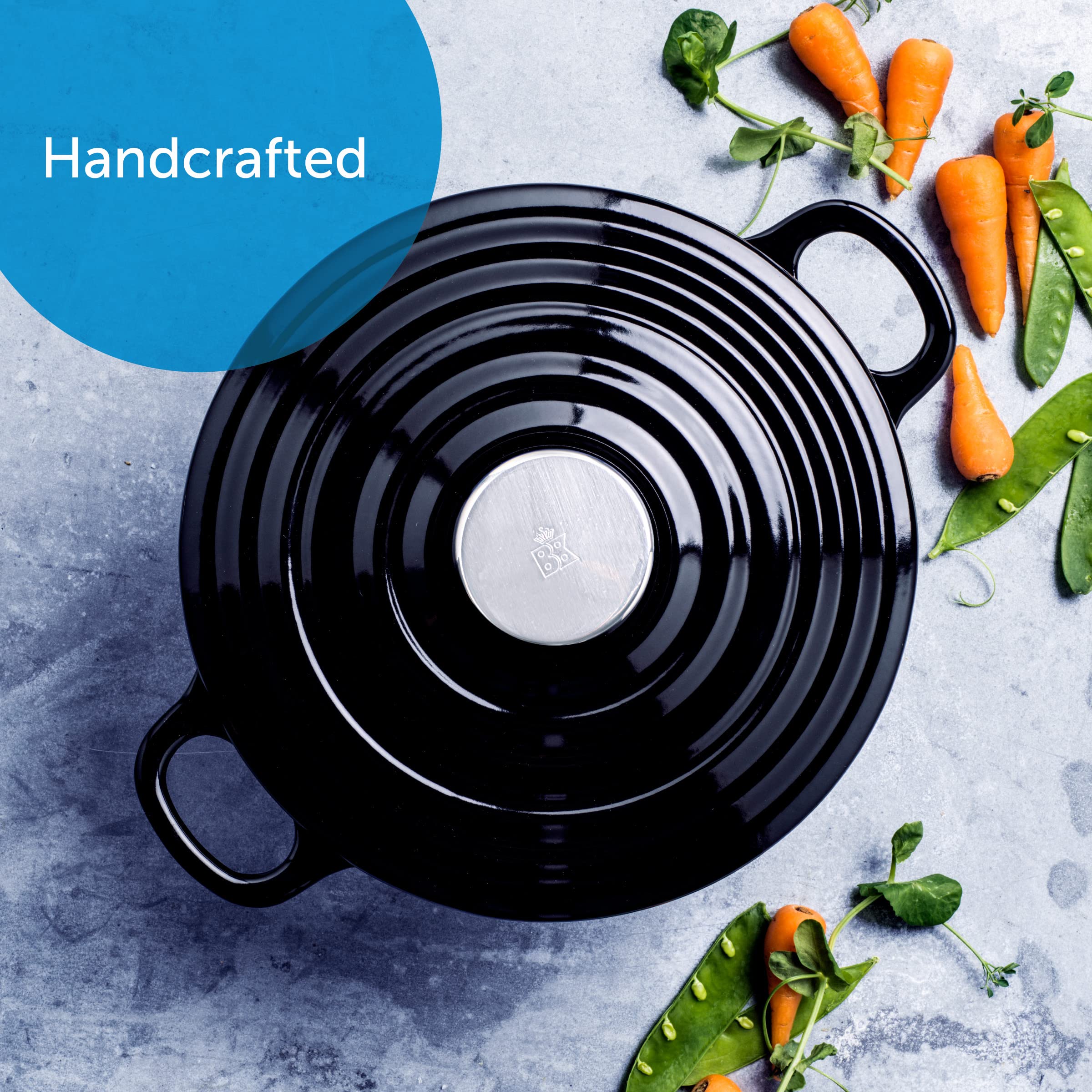 BK Bourgogne Olla de Hierro Fundido Esmaltado 20cm/2,5 L con Tapa, Inducción, Cazuela Ronde para Cocinar, Estofar, Guisar, Horno y Lavavajillas, Jet Negro