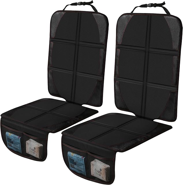 Car Seat Protector Cushion Mat, 2 Pack Baby Seat Protector Child Car Seat with Organizer Pocket, Thickest EPE Auto Dog Pad with Non Slip Backing Waterproof for SUV Sedan Truck, Leather and Fabric Seat