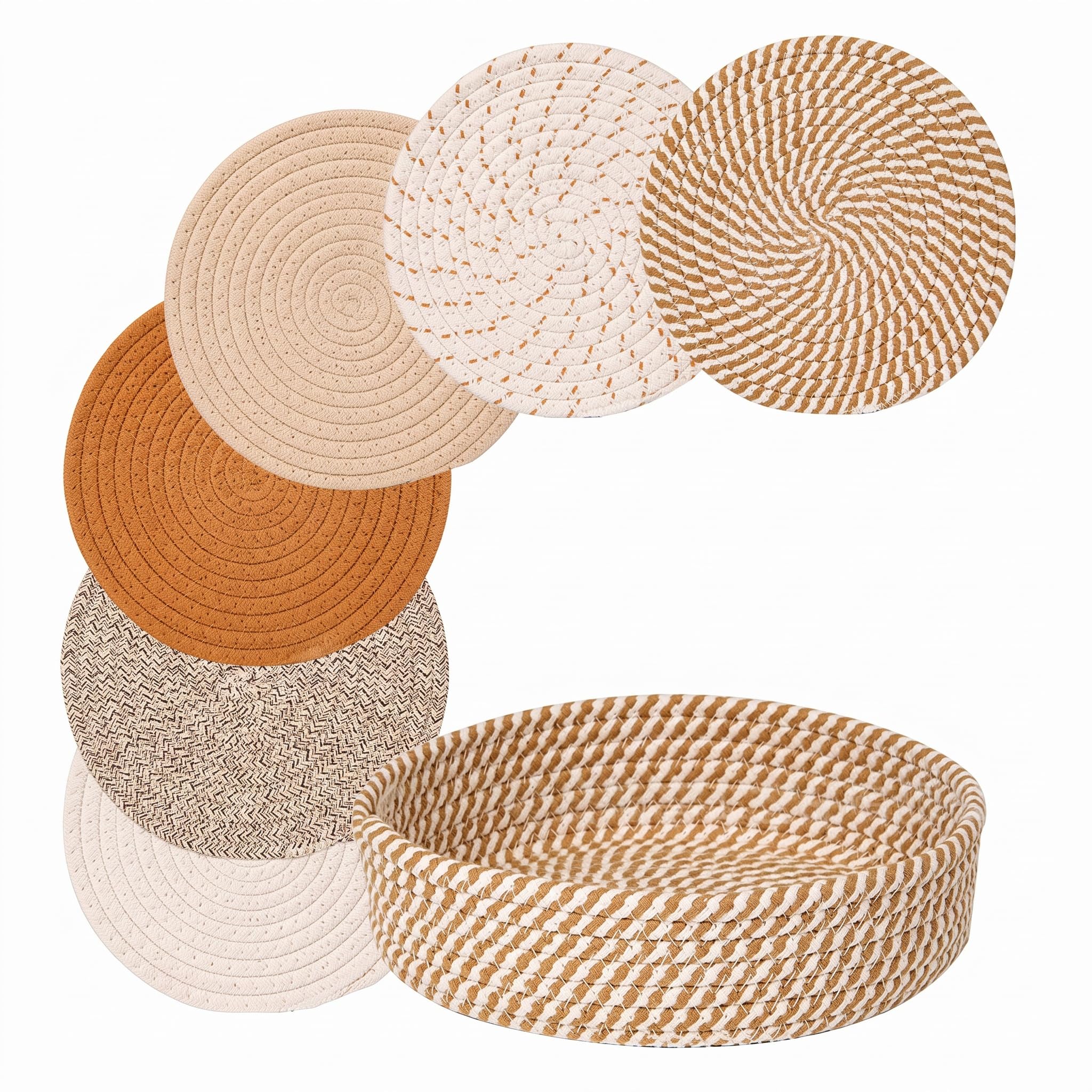 8 Inch Placemats Set of 6 with Storage Basket, Round Woven Cotton Placemats Heat Resistant Trivets with Storage Basket Washbale Braided Table Mats Pot Holders for Kitchen Dining Wedding